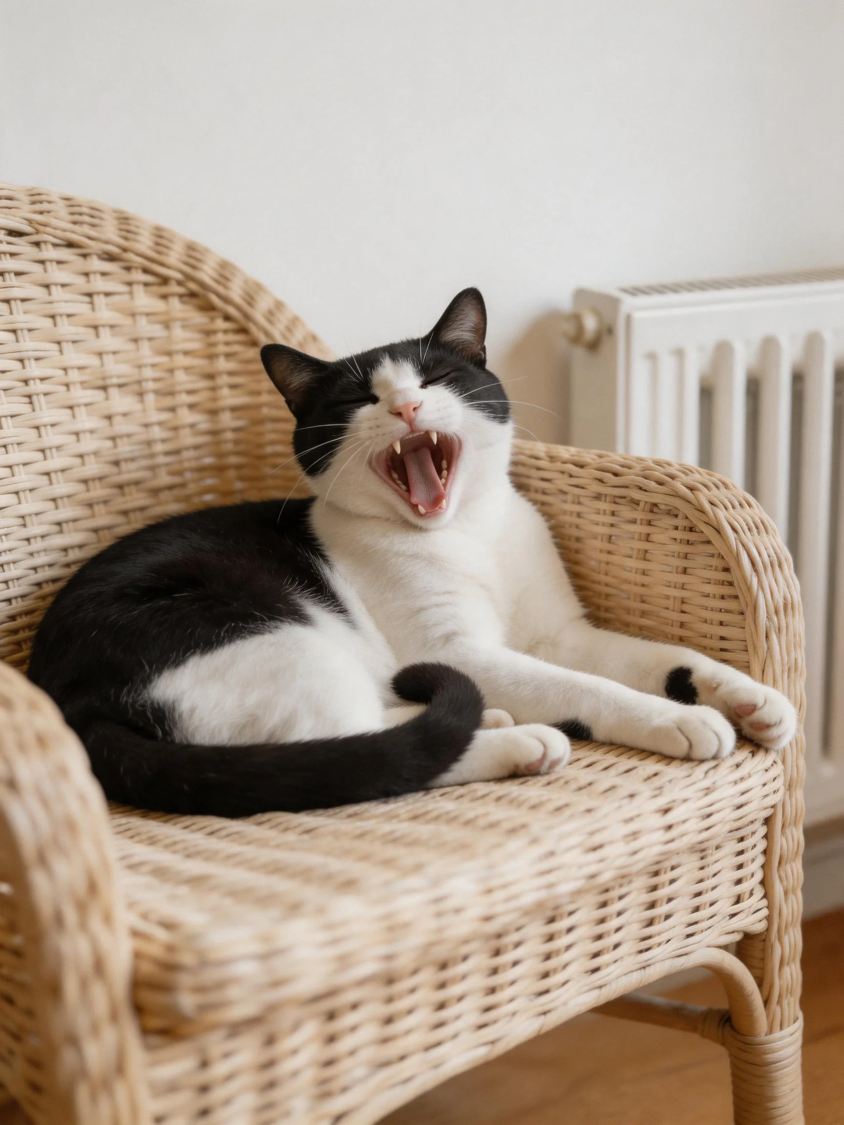 A black - and - white cat yawning on a wicker chair near a radiator