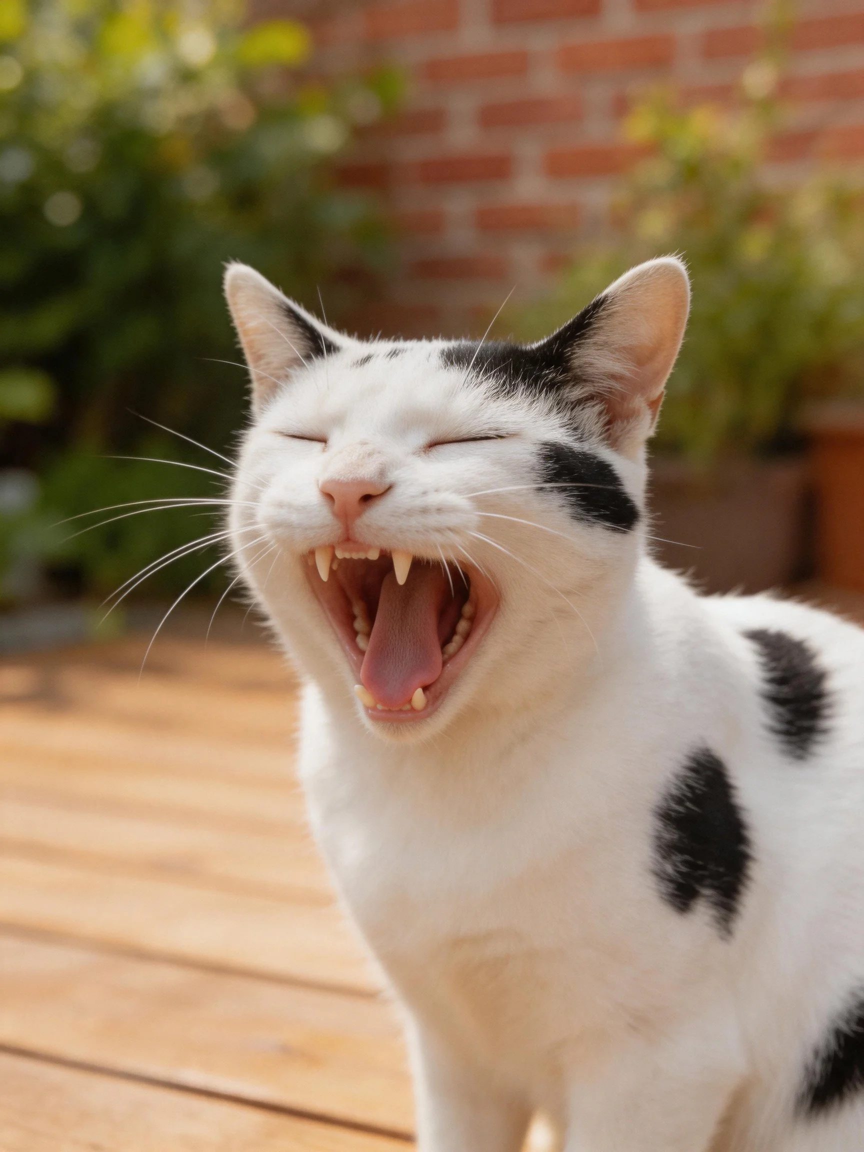 A black - and - white cat yawning on a wooden deck