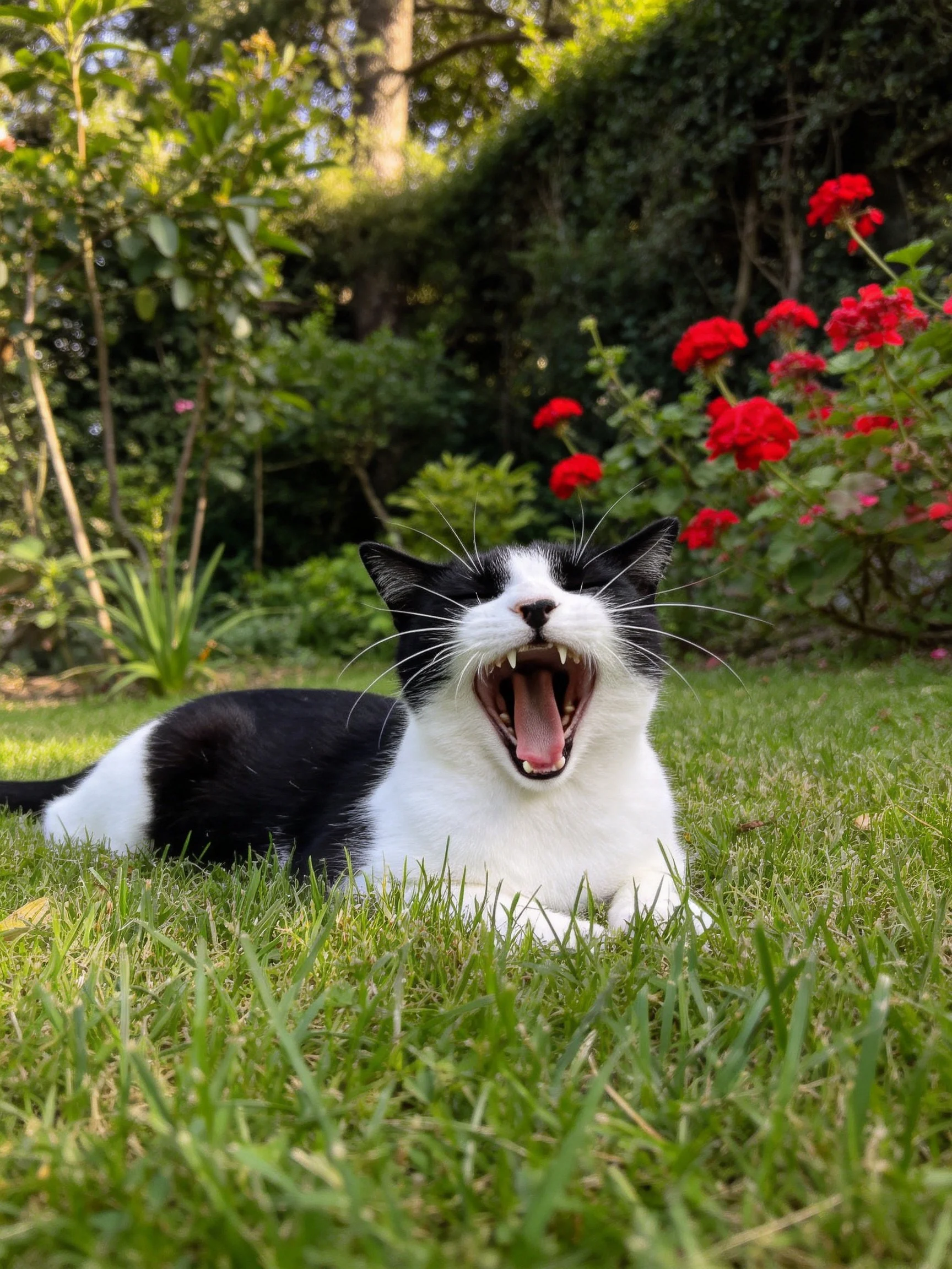 A black - and - white cat yawning on lush grass near vibrant red flowers