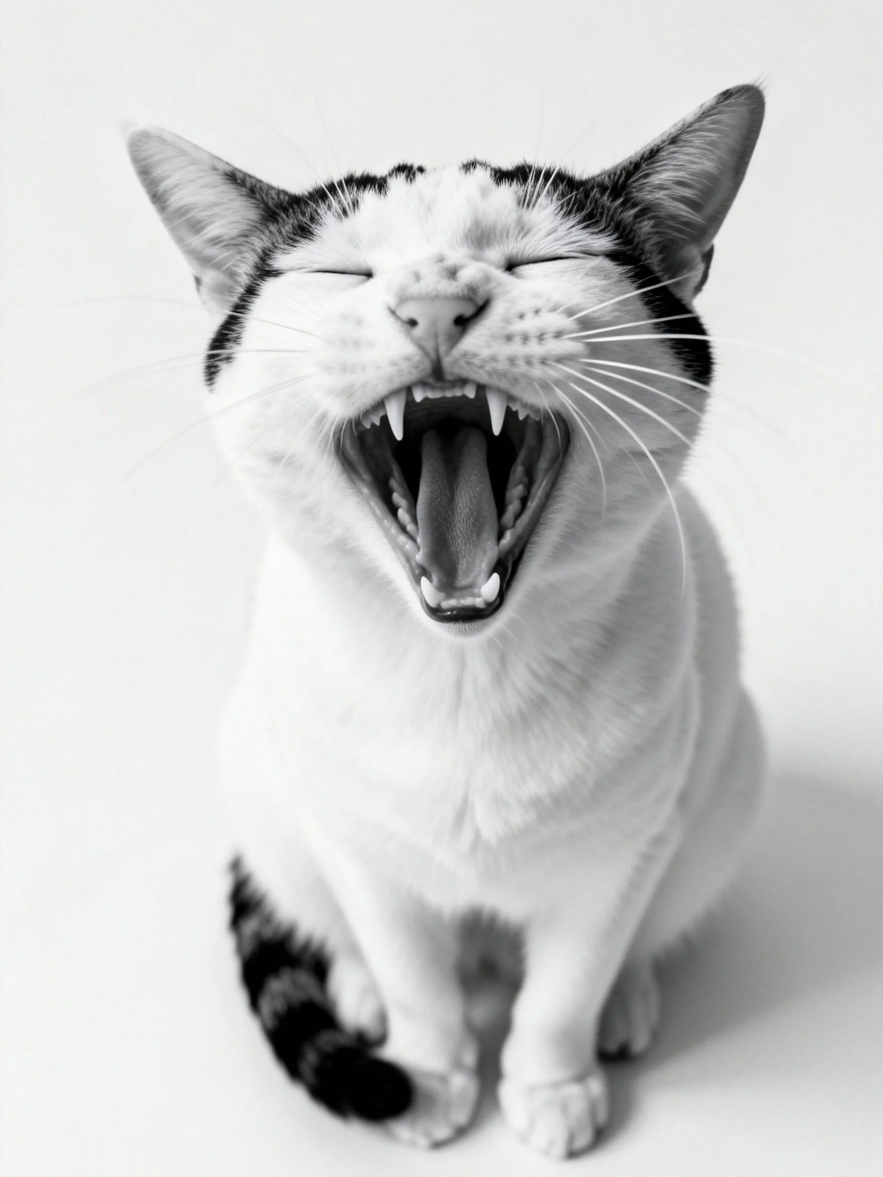 A black and white cat yawning widely with closed eyes