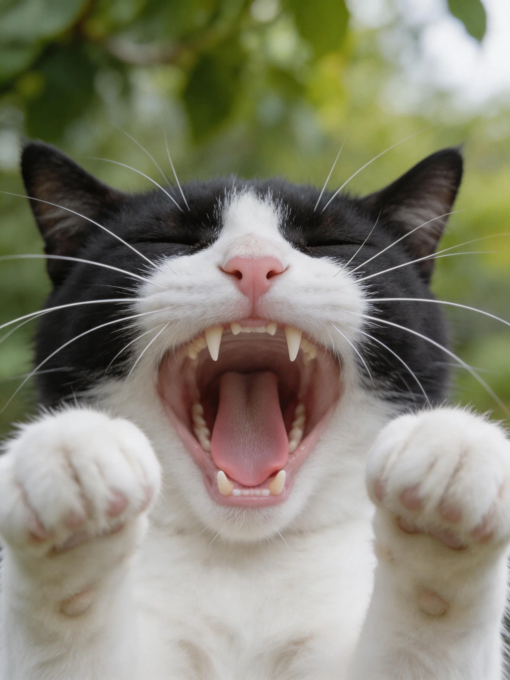 A black - and - white cat yawning with raised paws outdoors