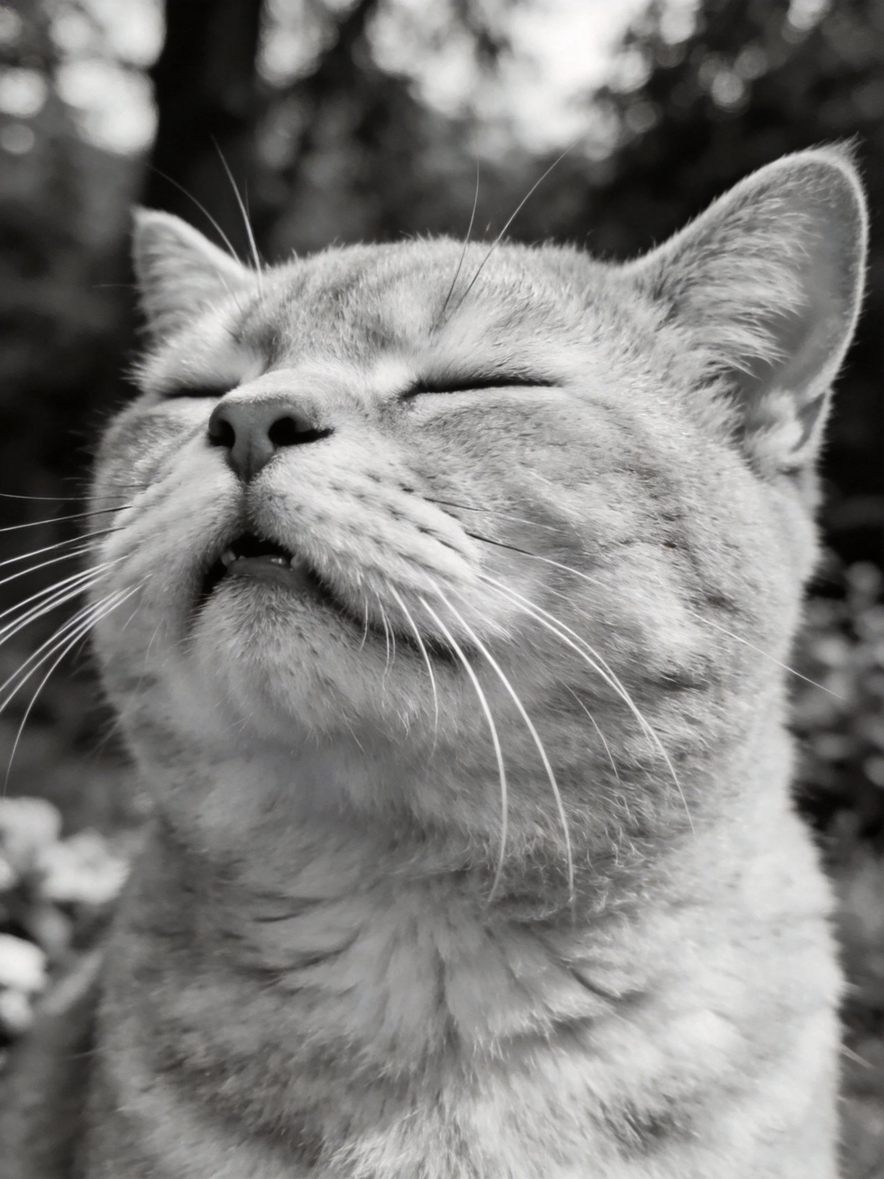 A black-and-white close-up of a content cat with closed eyes