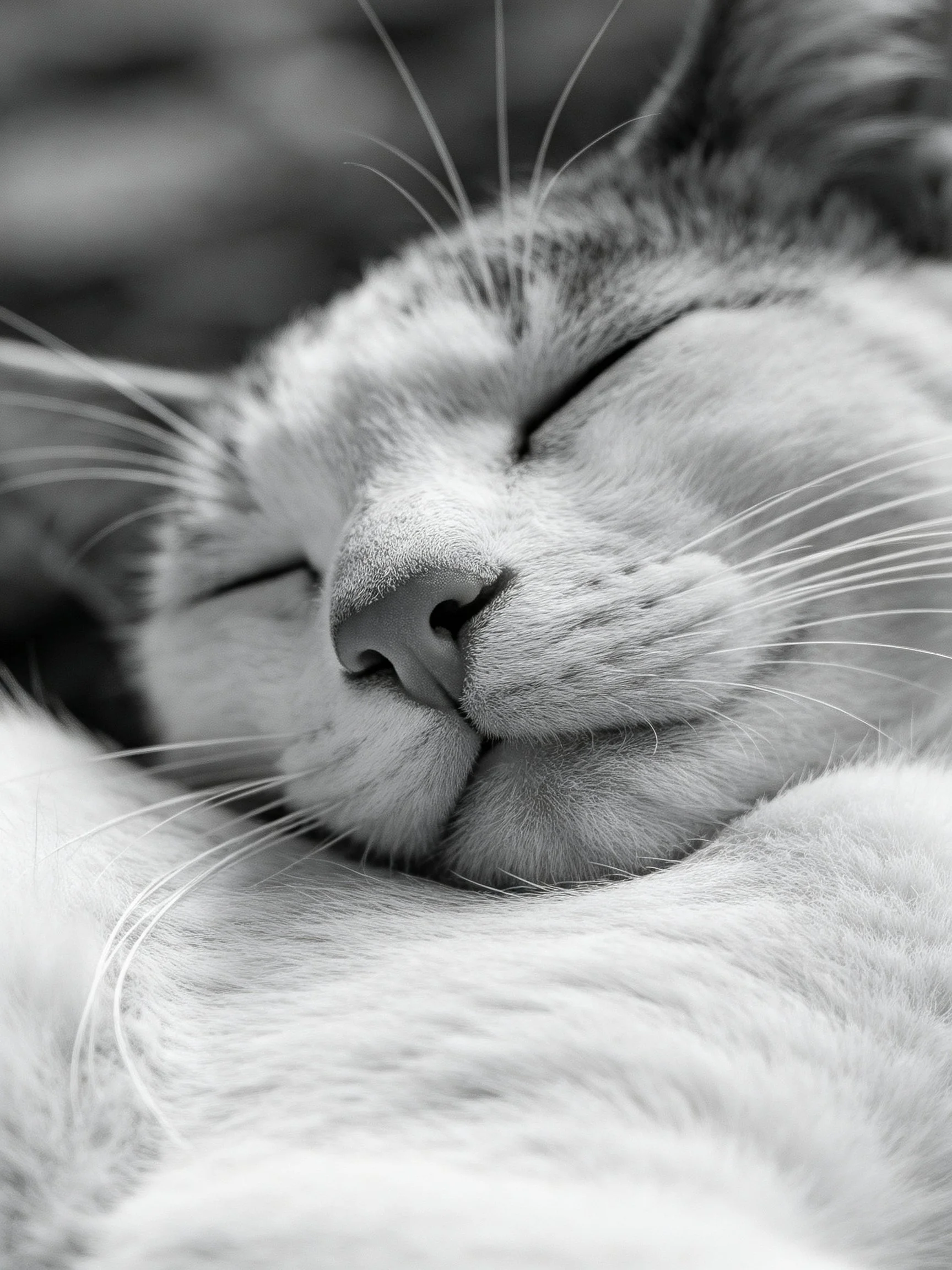 A black-and-white close-up of a sleeping cat with closed eyes