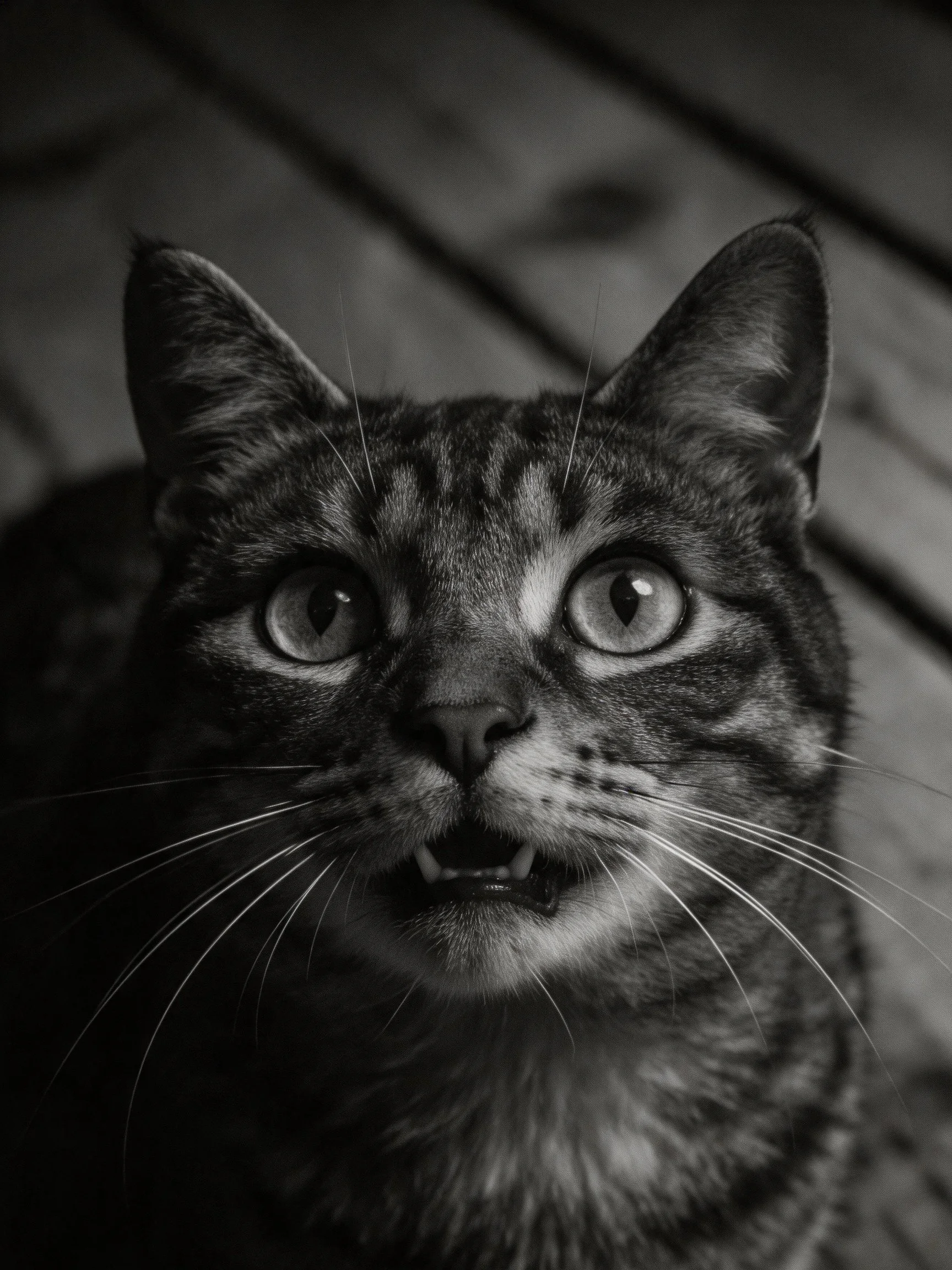 A black - and - white photograph shows a startled tabby cat with wide eyes.