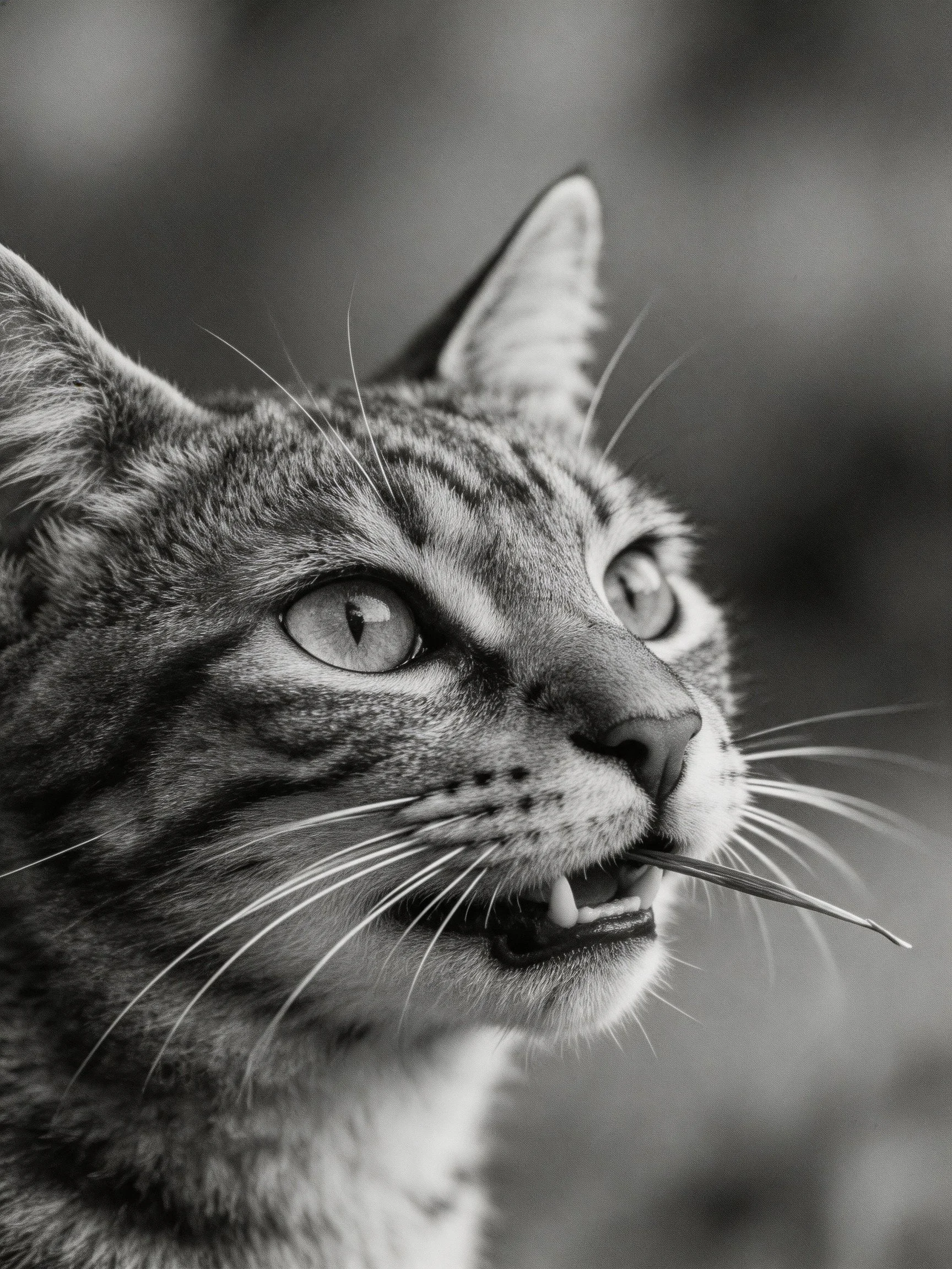 A black-and-white close-up of a tabby cat with grass