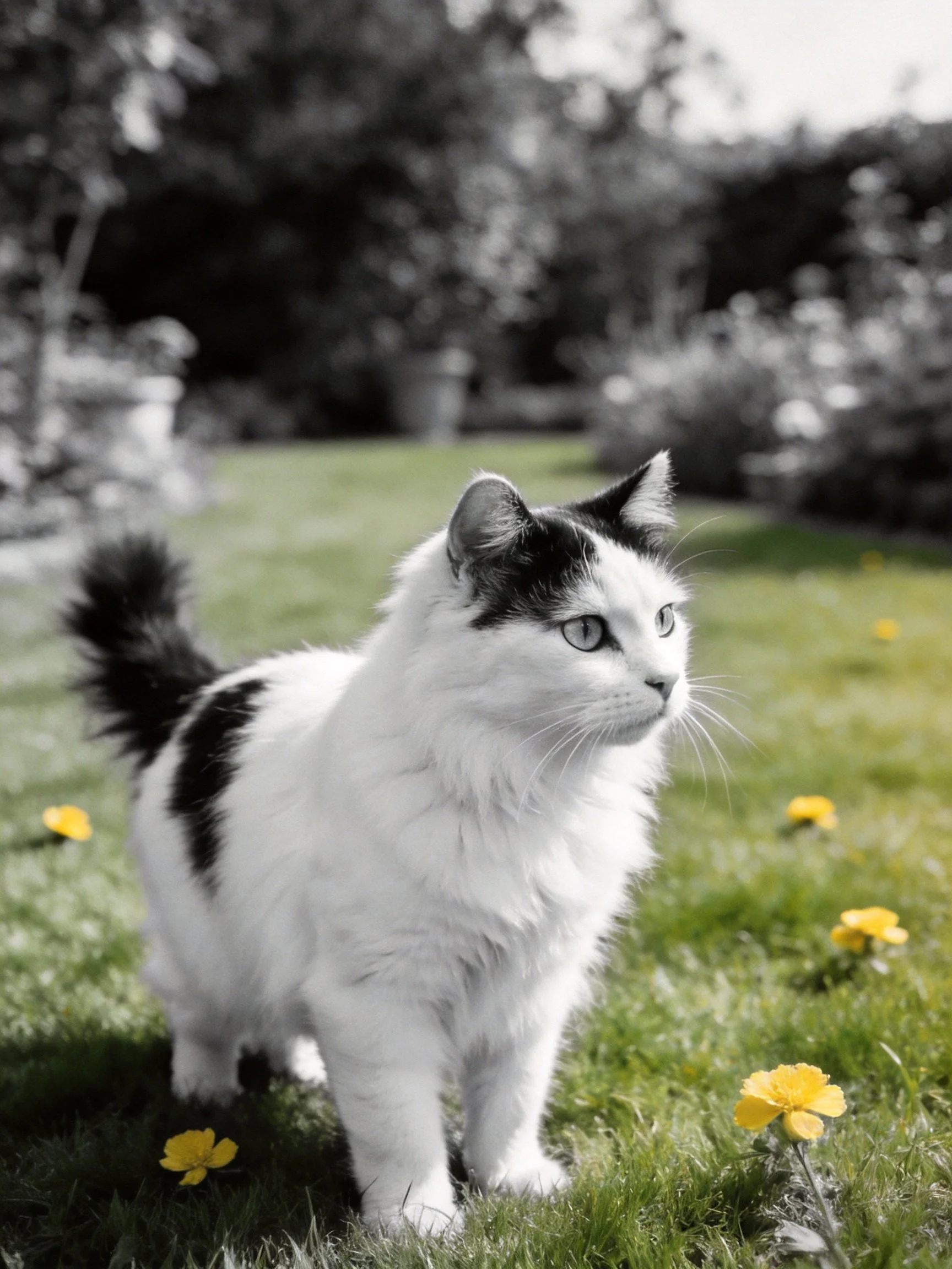 A black - and - white fluffy cat amid yellow flowers on green grass