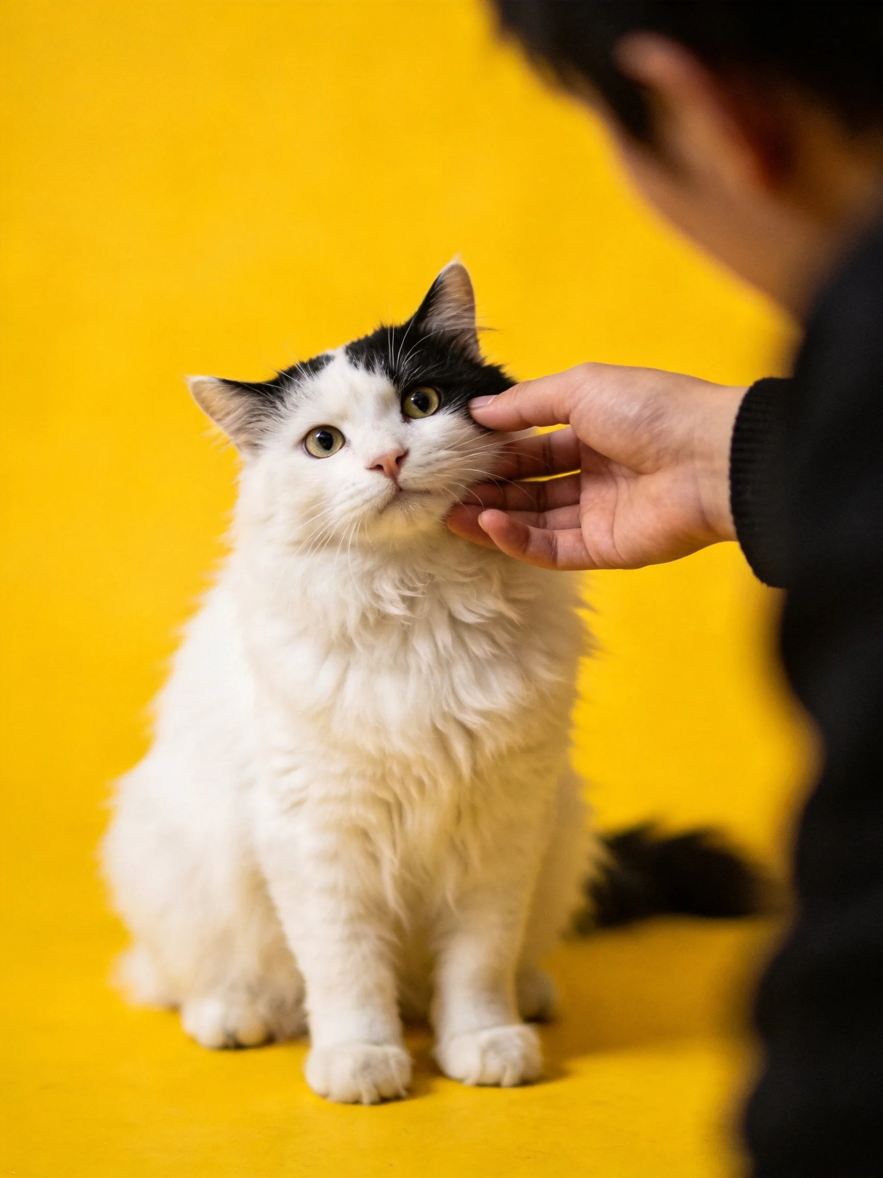 A black - and - white fluffy cat being petted on a vibrant yellow surface