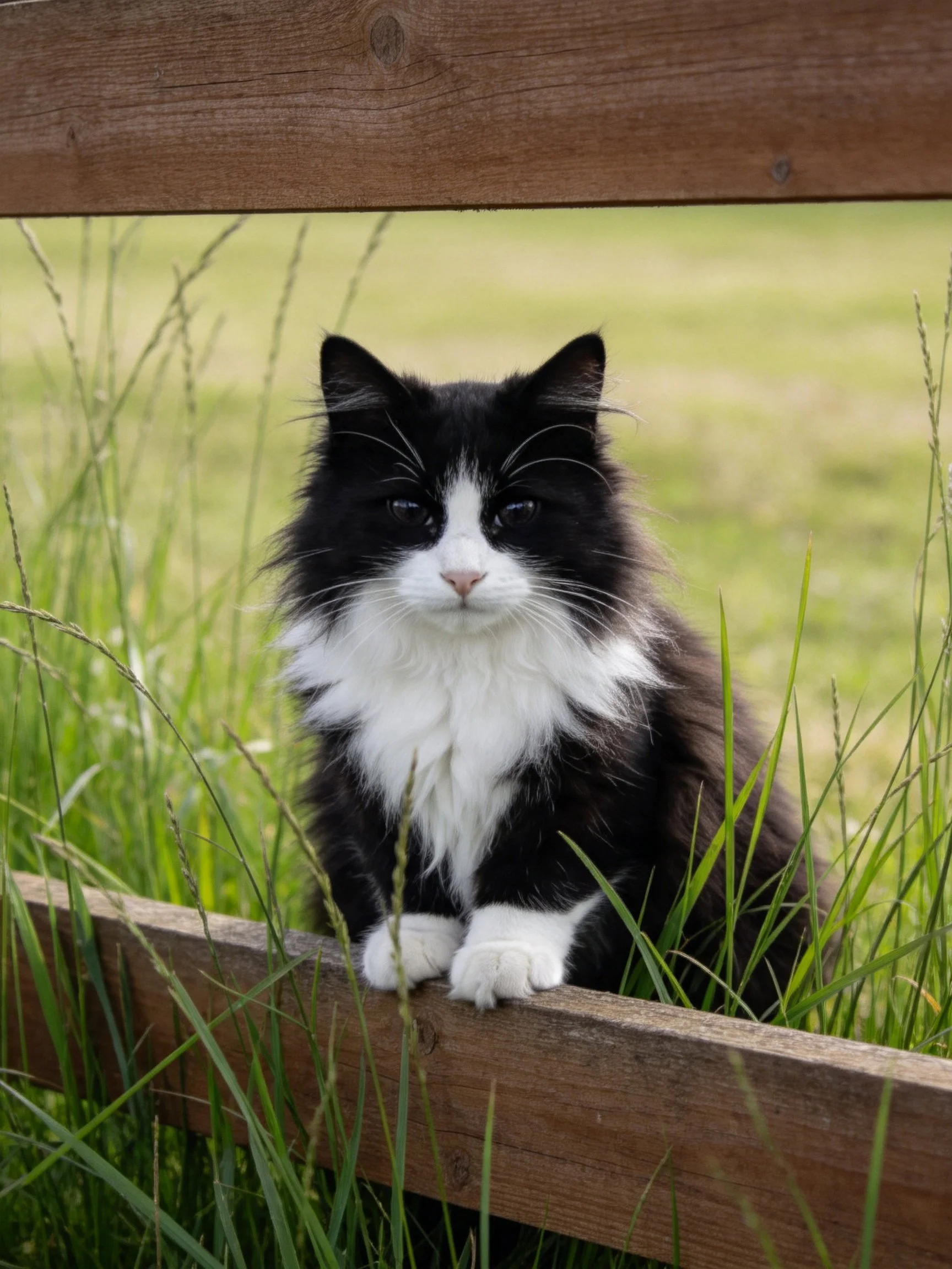 A black and white fluffy cat perched by a wooden fence among tall green grass