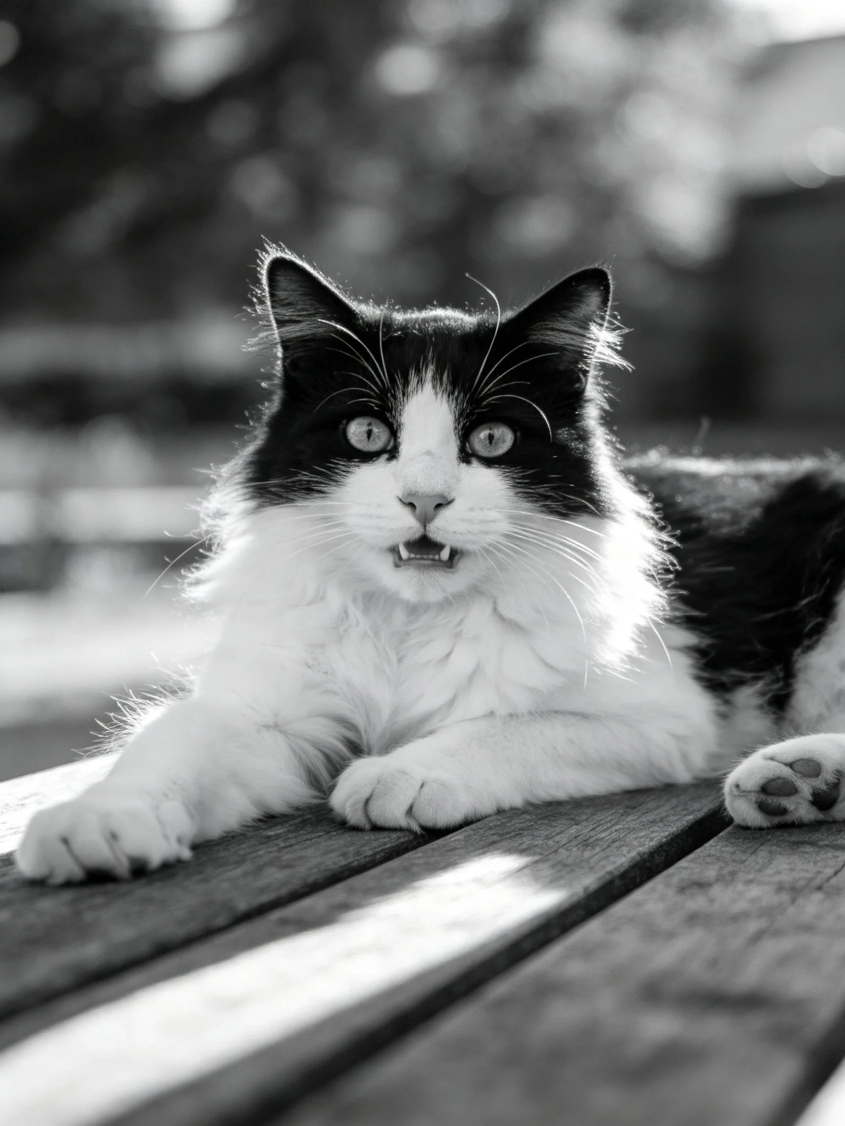 A black and white fluffy cat rests on a wooden bench outdoors