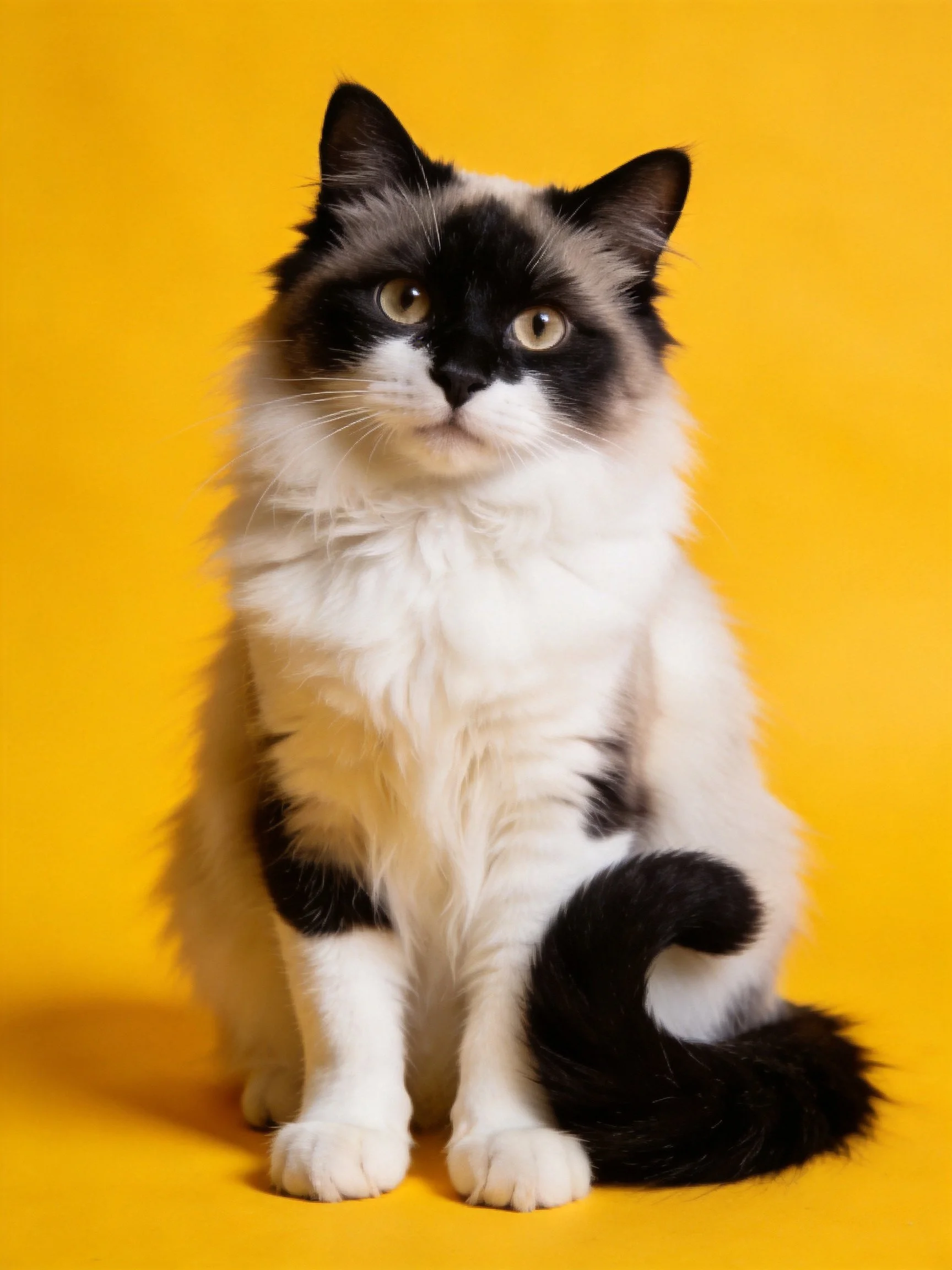A black and white fluffy cat sits against a bright yellow backdrop