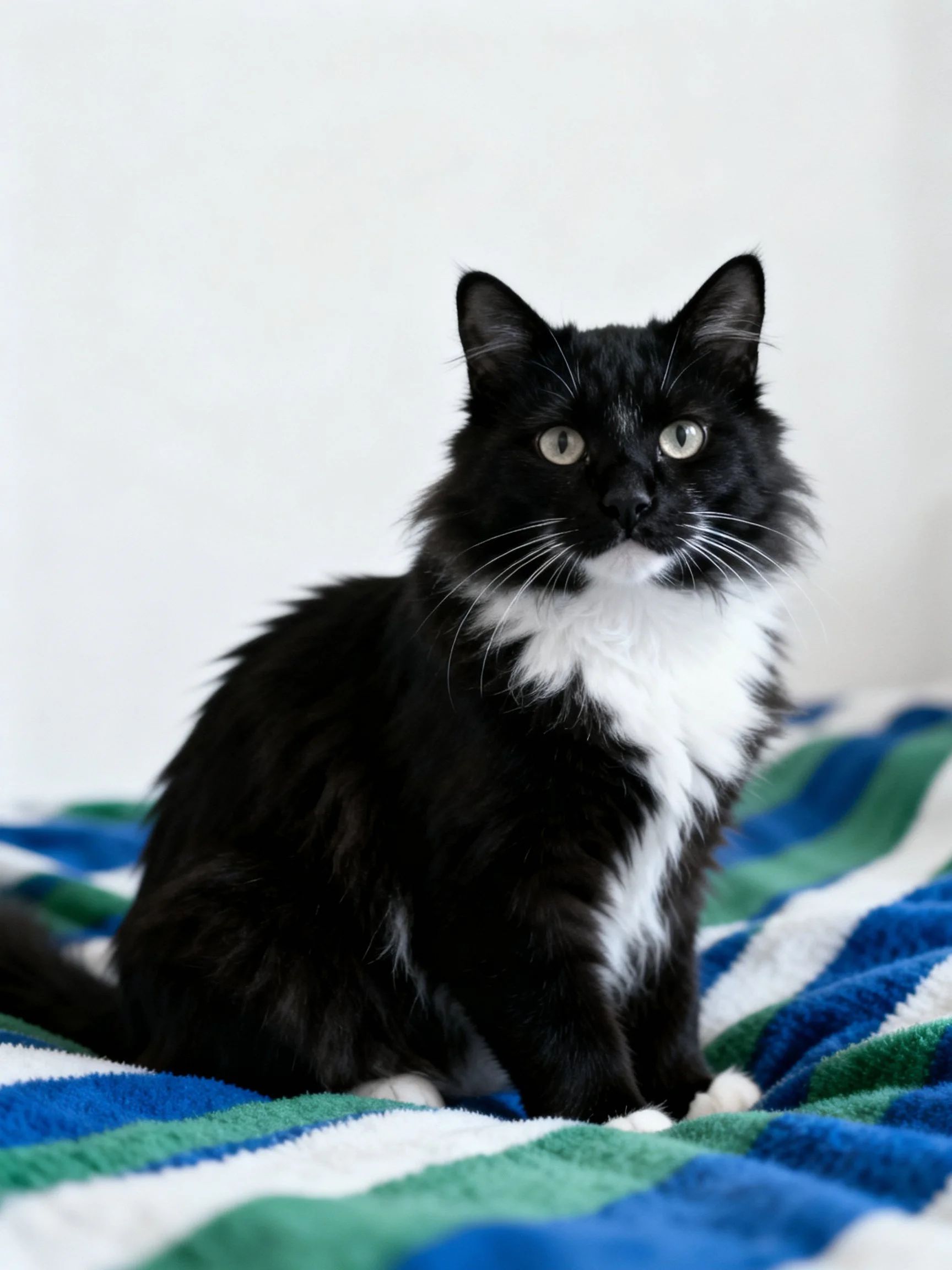 A black and white fluffy cat sits on a blue-green striped towel