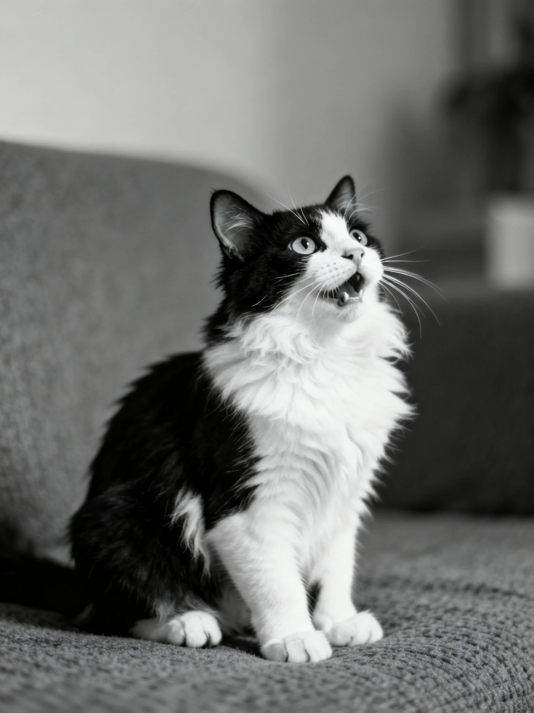 A black and white fluffy cat sits on a couch
