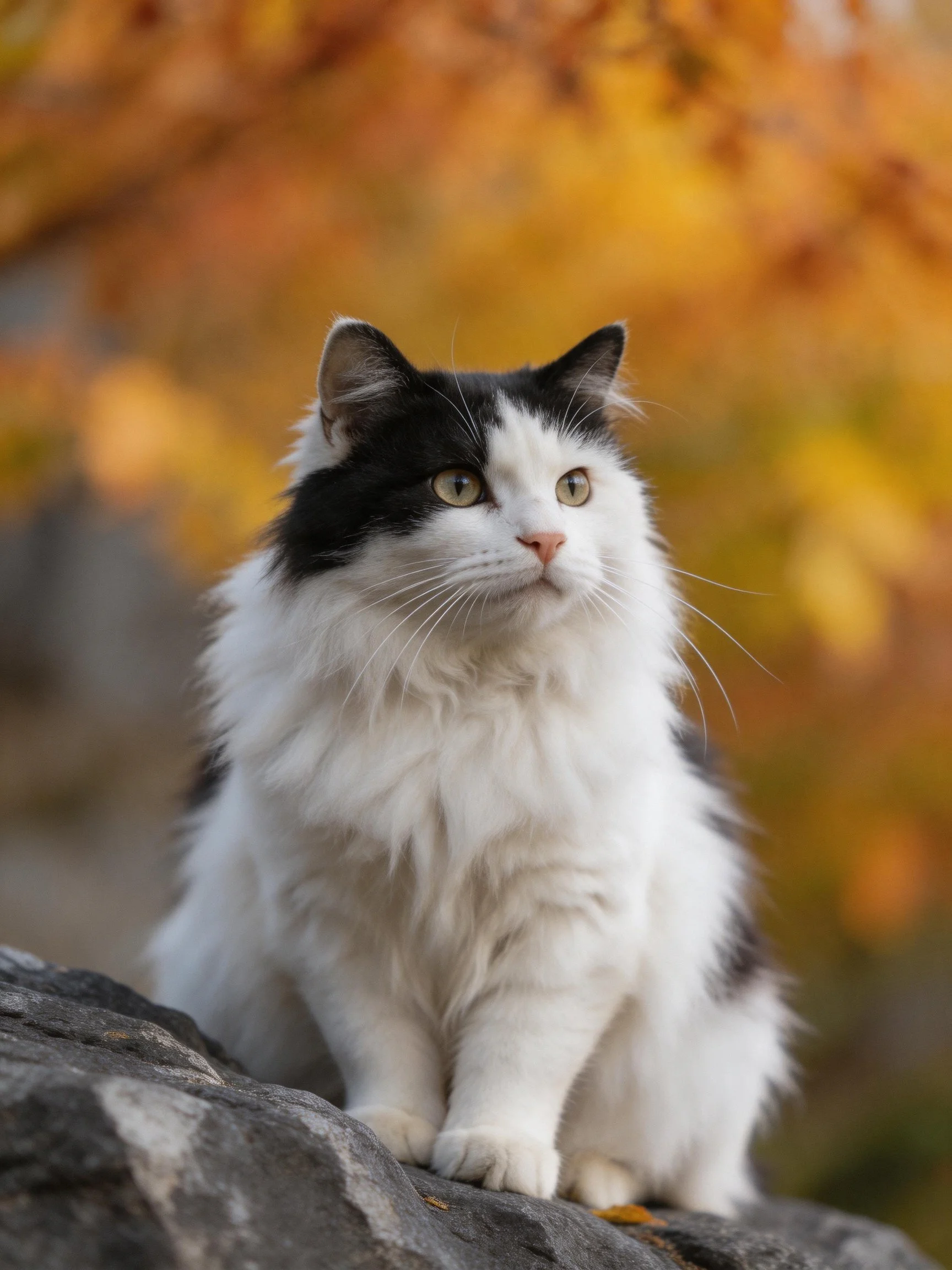 A black - and - white fluffy cat sits on a rock amid golden foliage