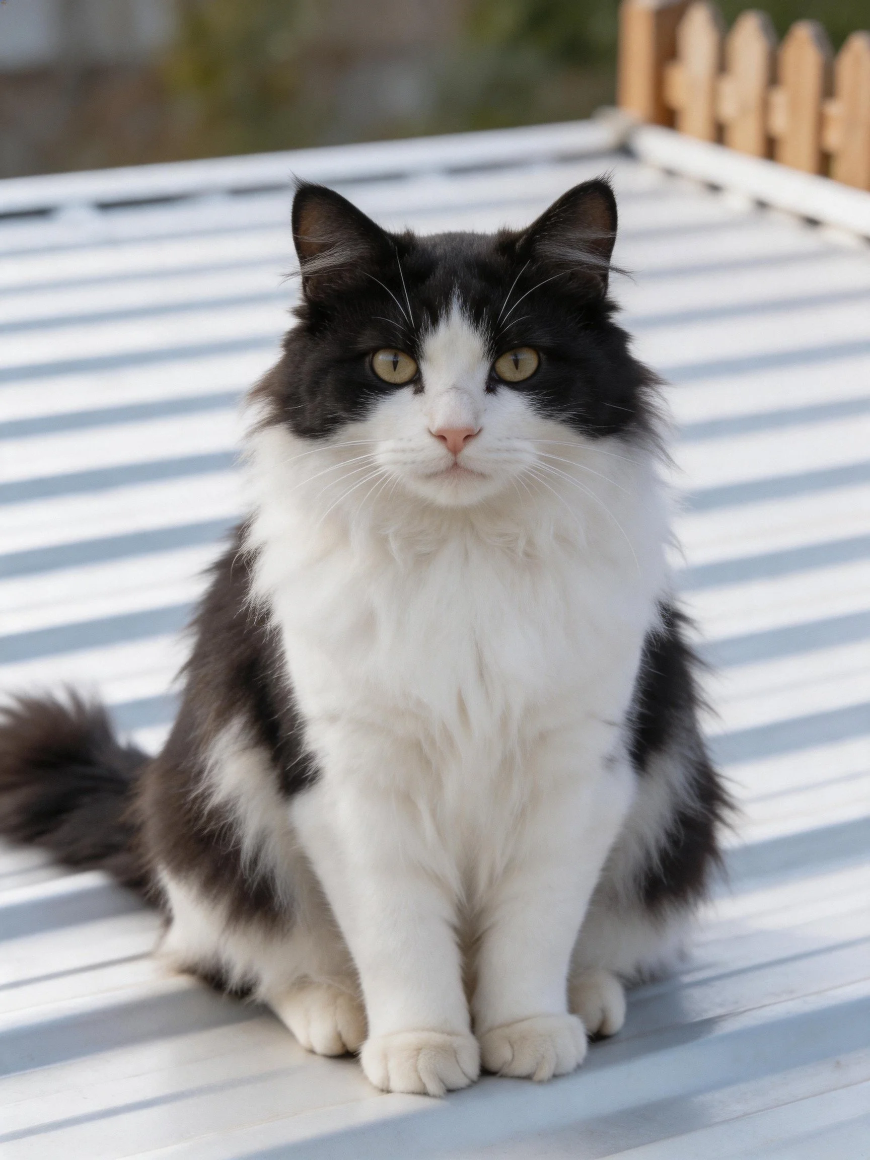 A black and white fluffy cat sits on a striped outdoor surface