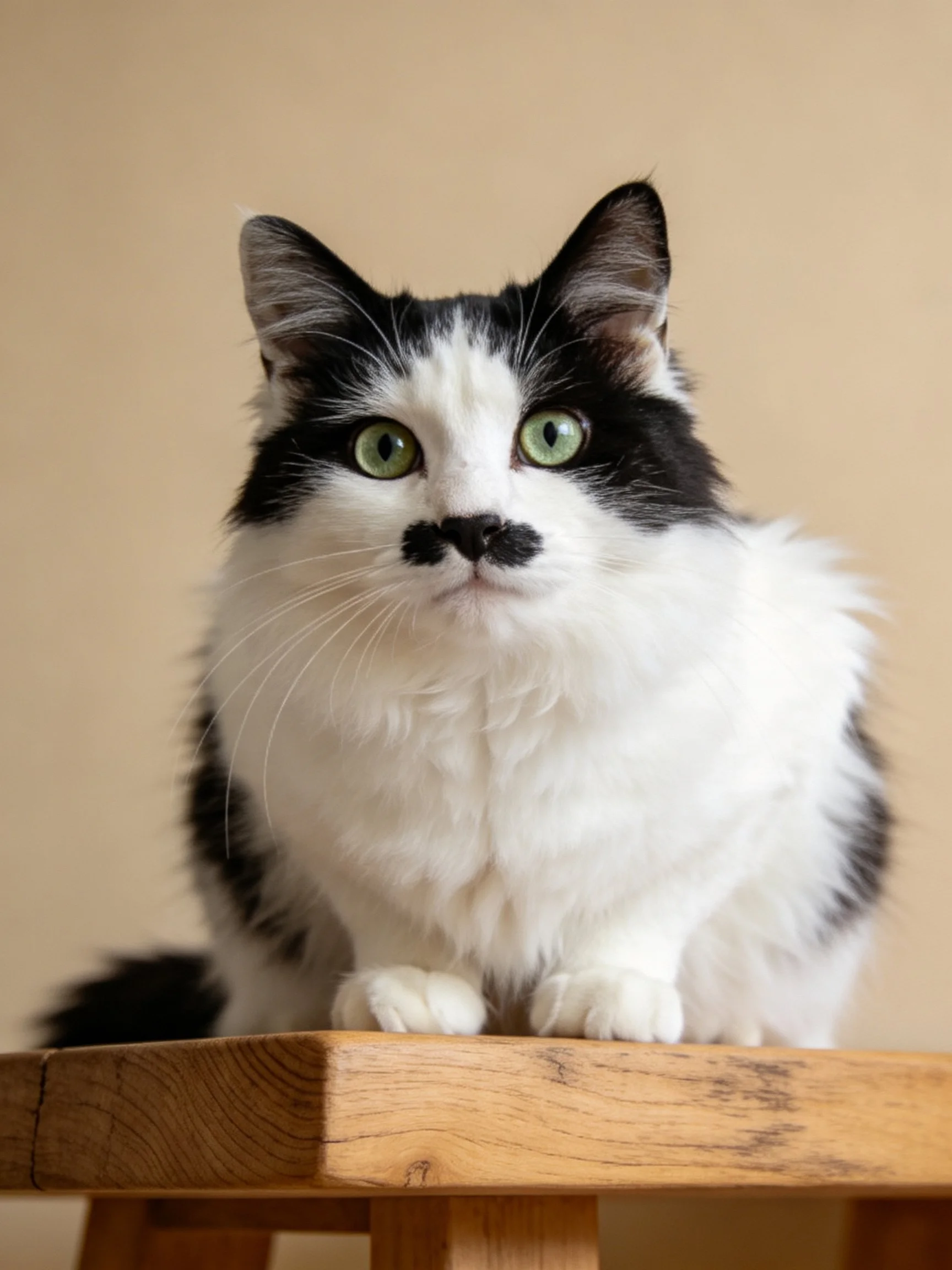 A black - and - white fluffy cat sits on a wooden stool