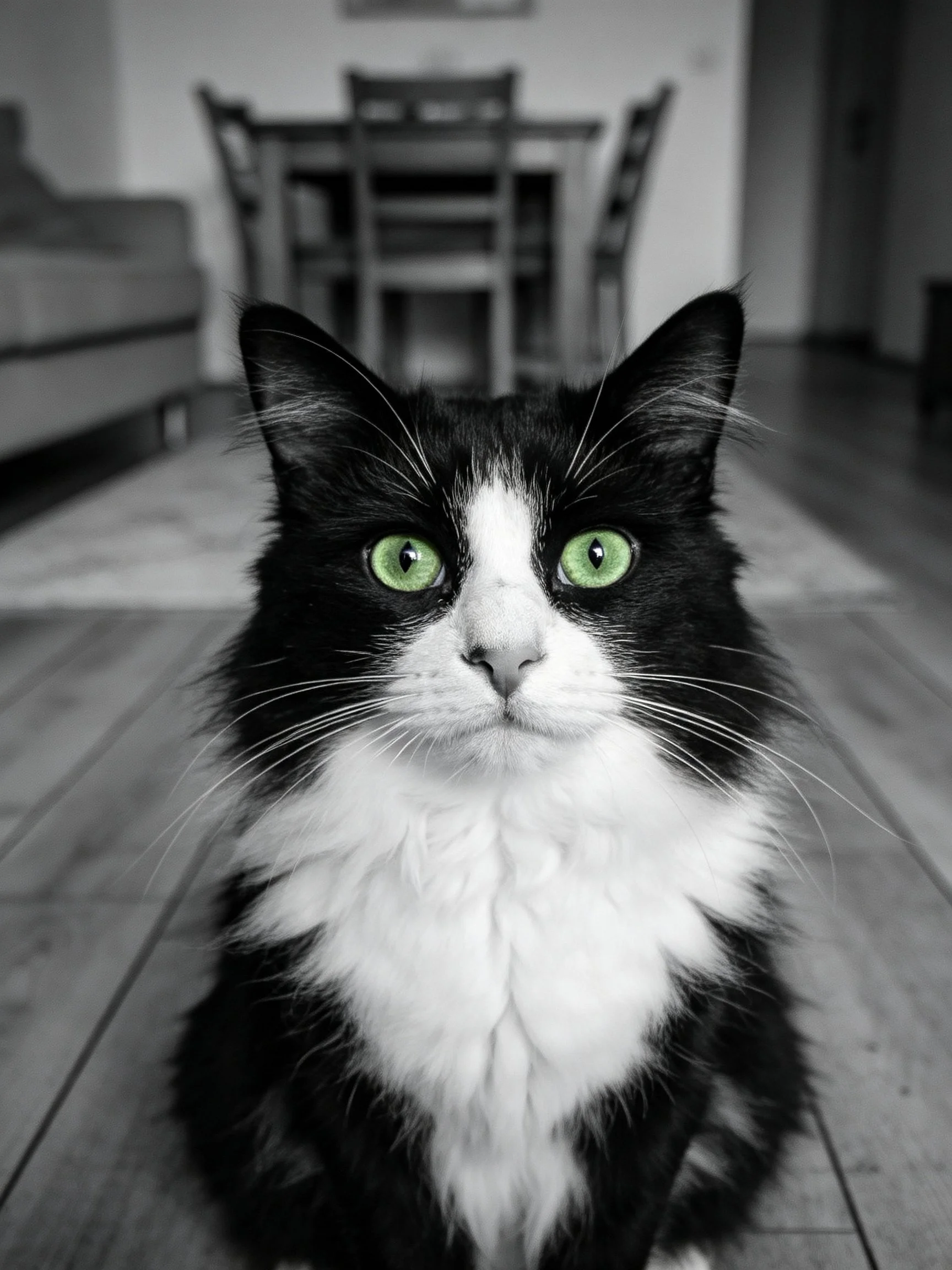 A black and white fluffy cat with bright green eyes
