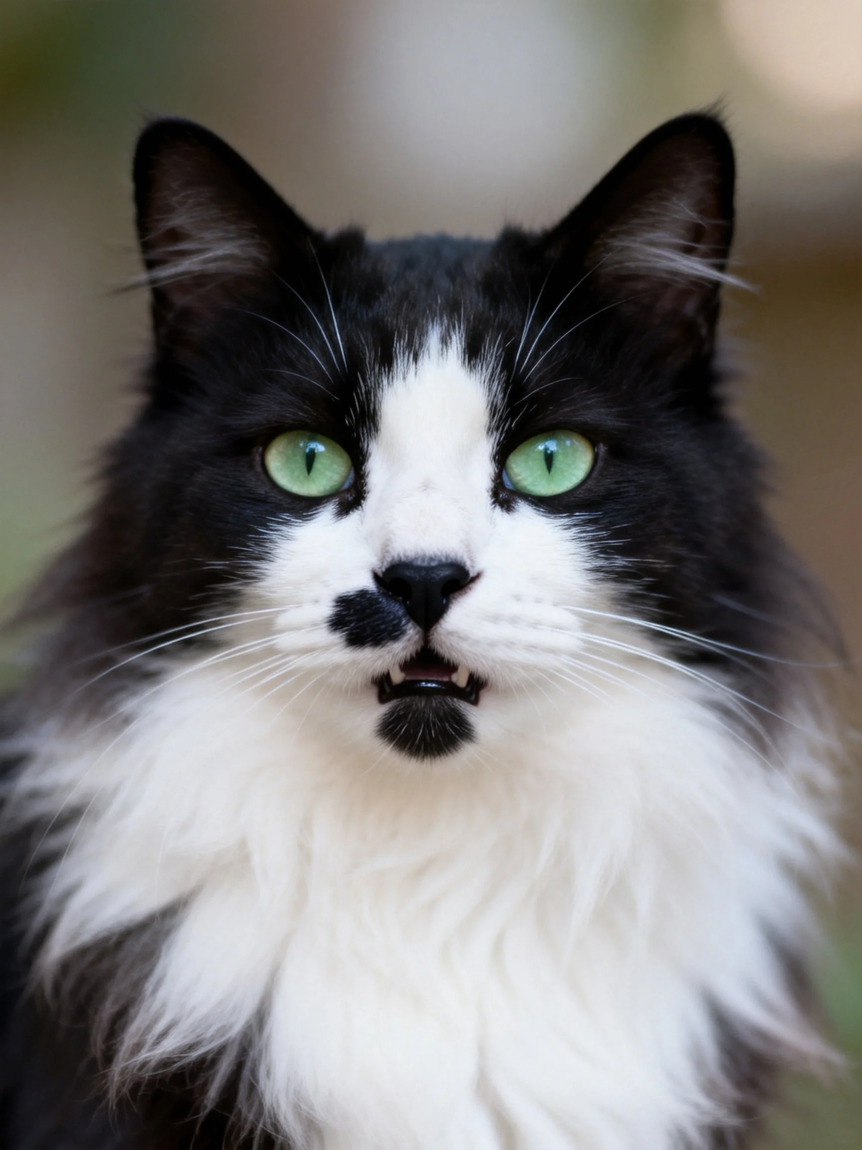 A black and white fluffy cat with bright green eyes