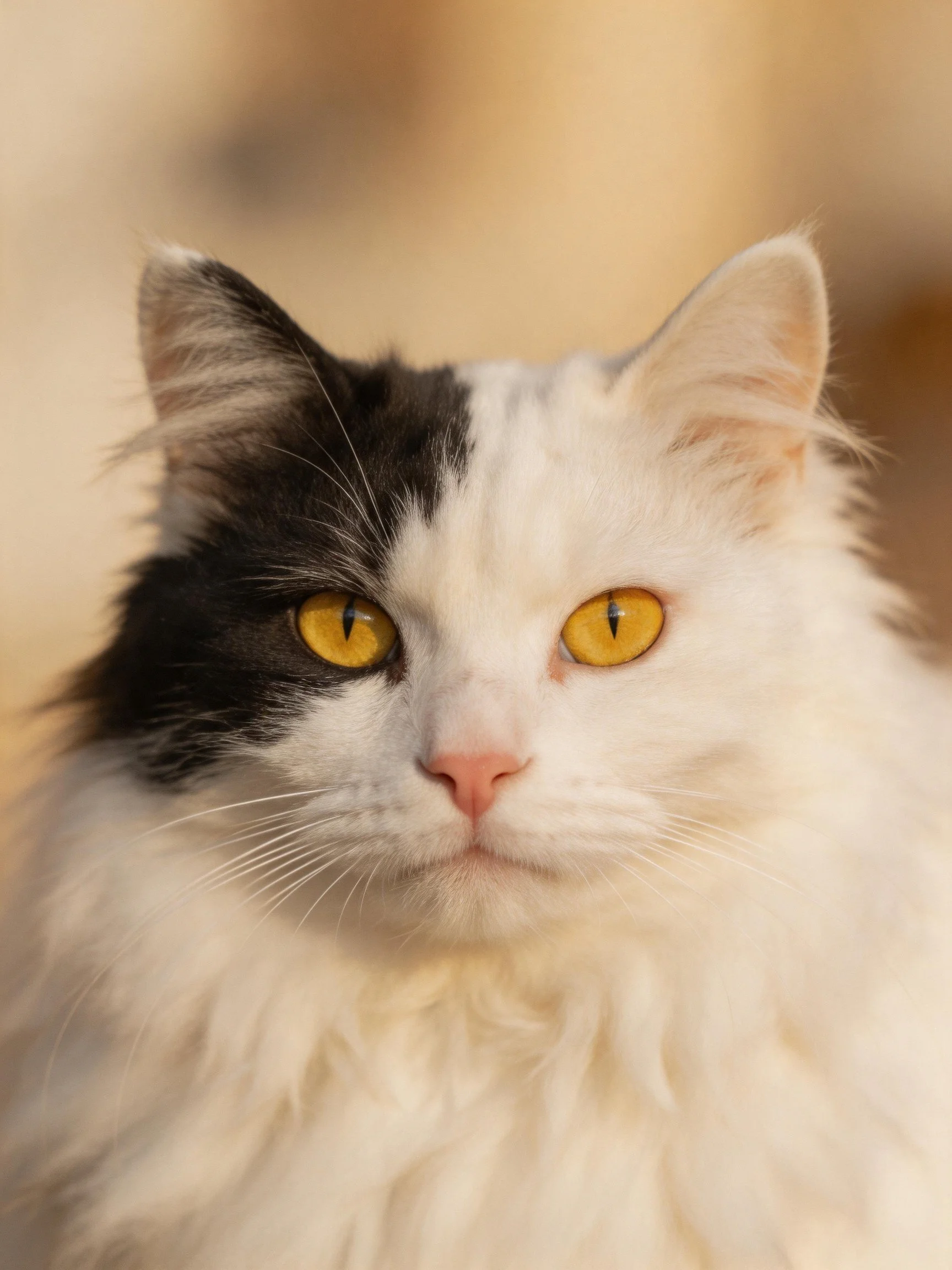 A black-and-white fluffy cat with bright yellow eyes gazes calmly.