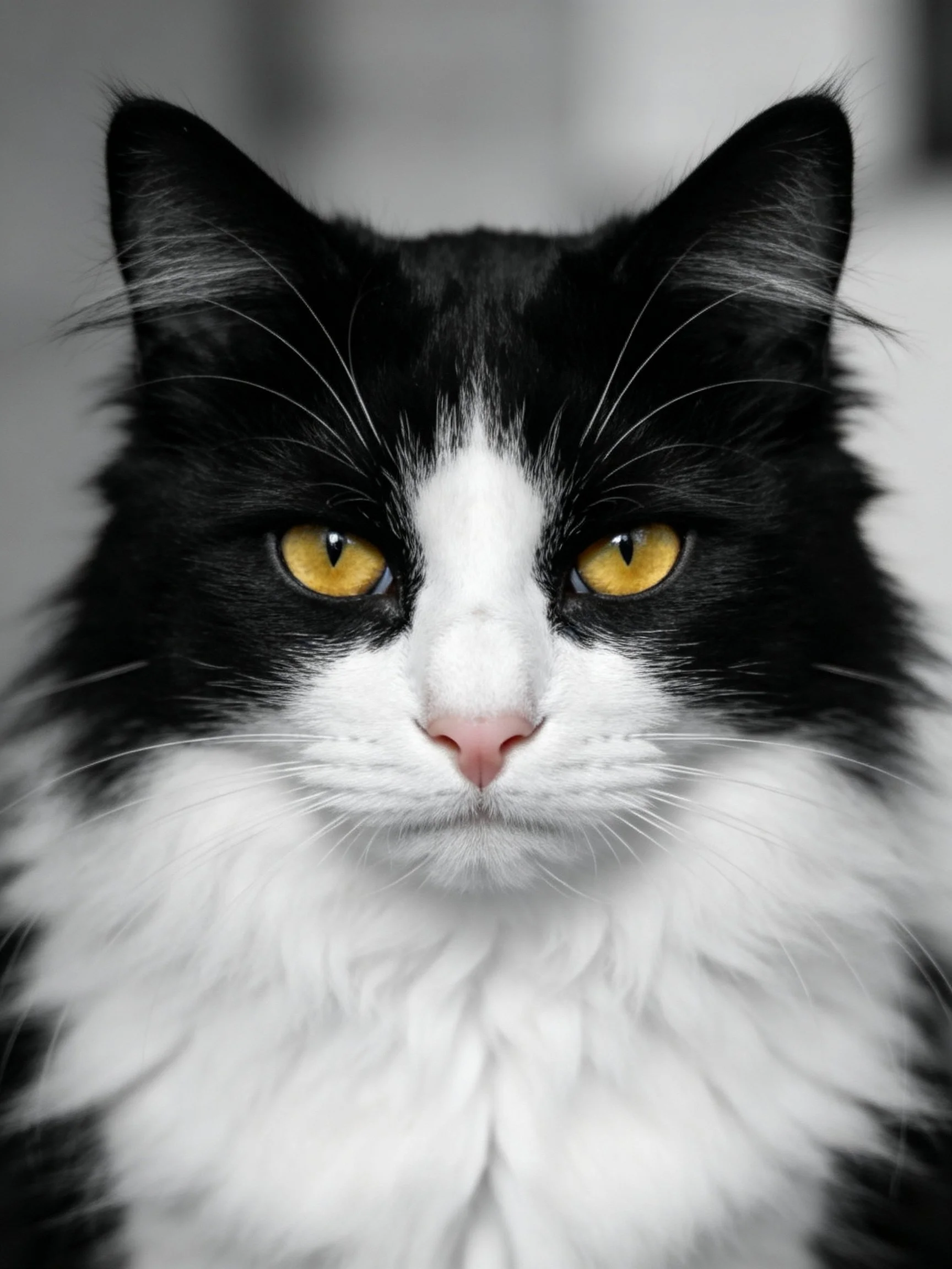 A close - up of a black and white cat with bright yellow eyes.