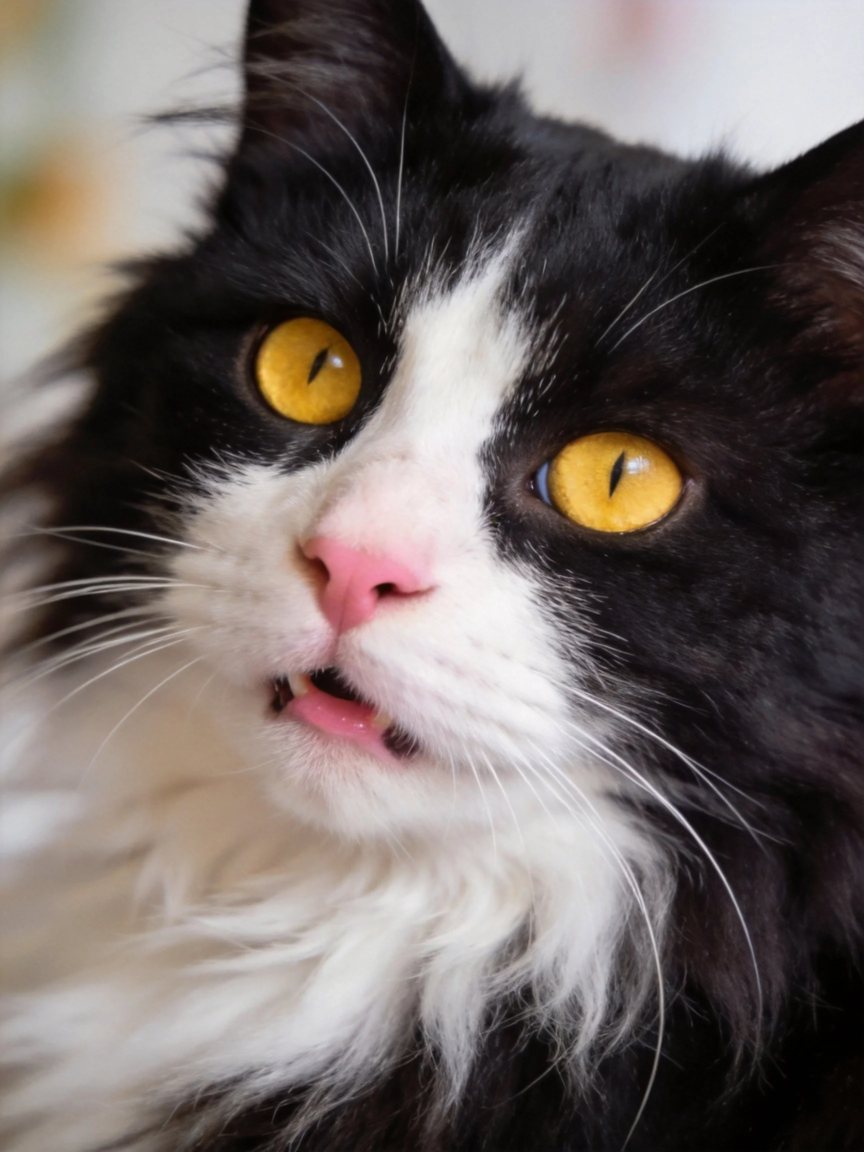 A black and white fluffy cat with bright yellow eyes looks directly at the viewer.
