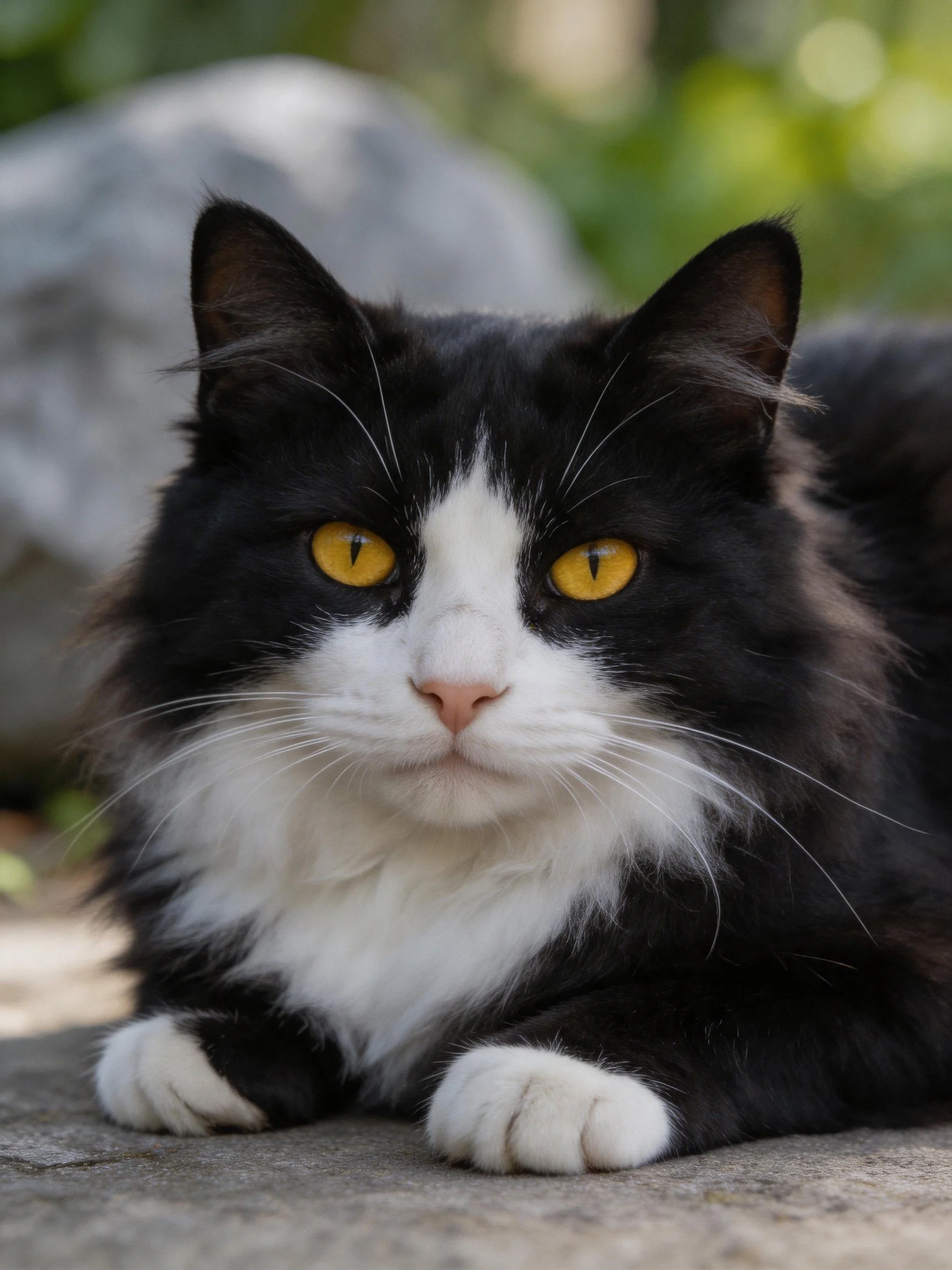 A black and white fluffy cat with bright yellow eyes rests calmly in an outdoor setting.