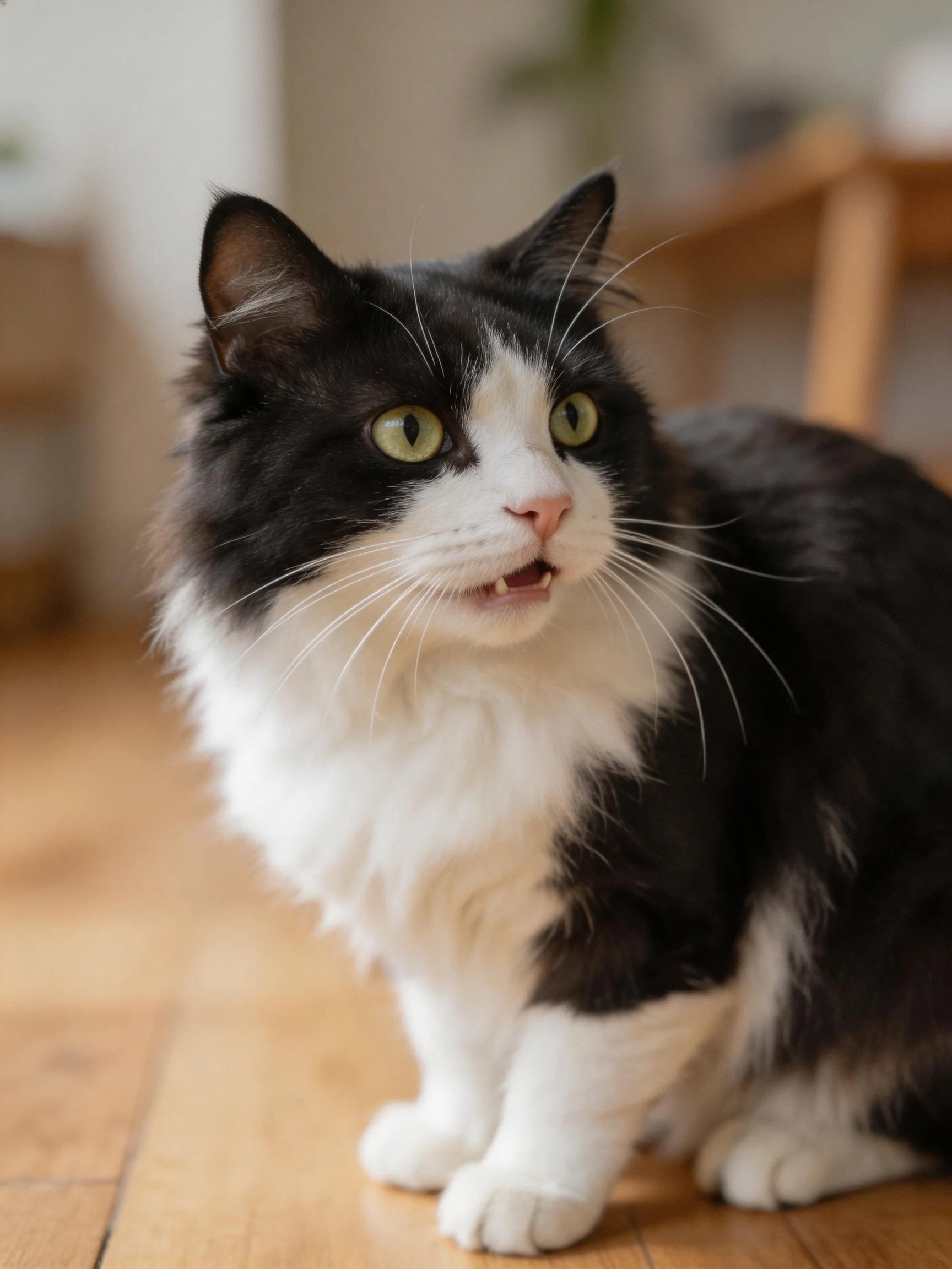 A black and white fluffy cat with green eyes on a wooden floor