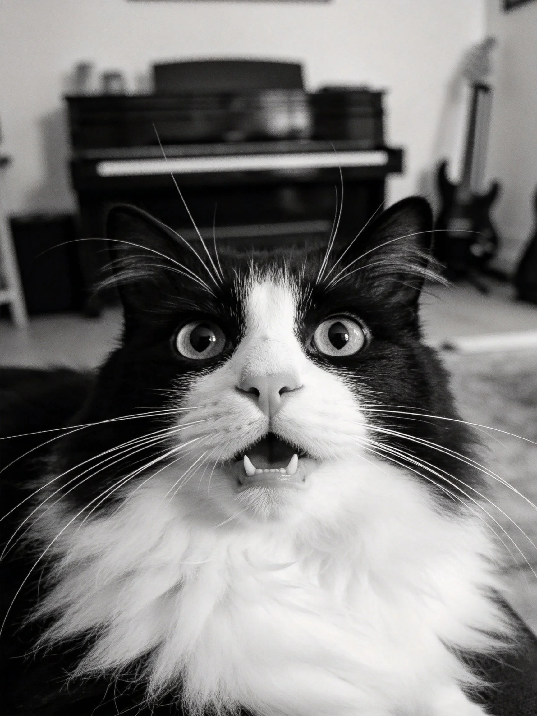 A black and white fluffy cat with wide eyes near musical instruments