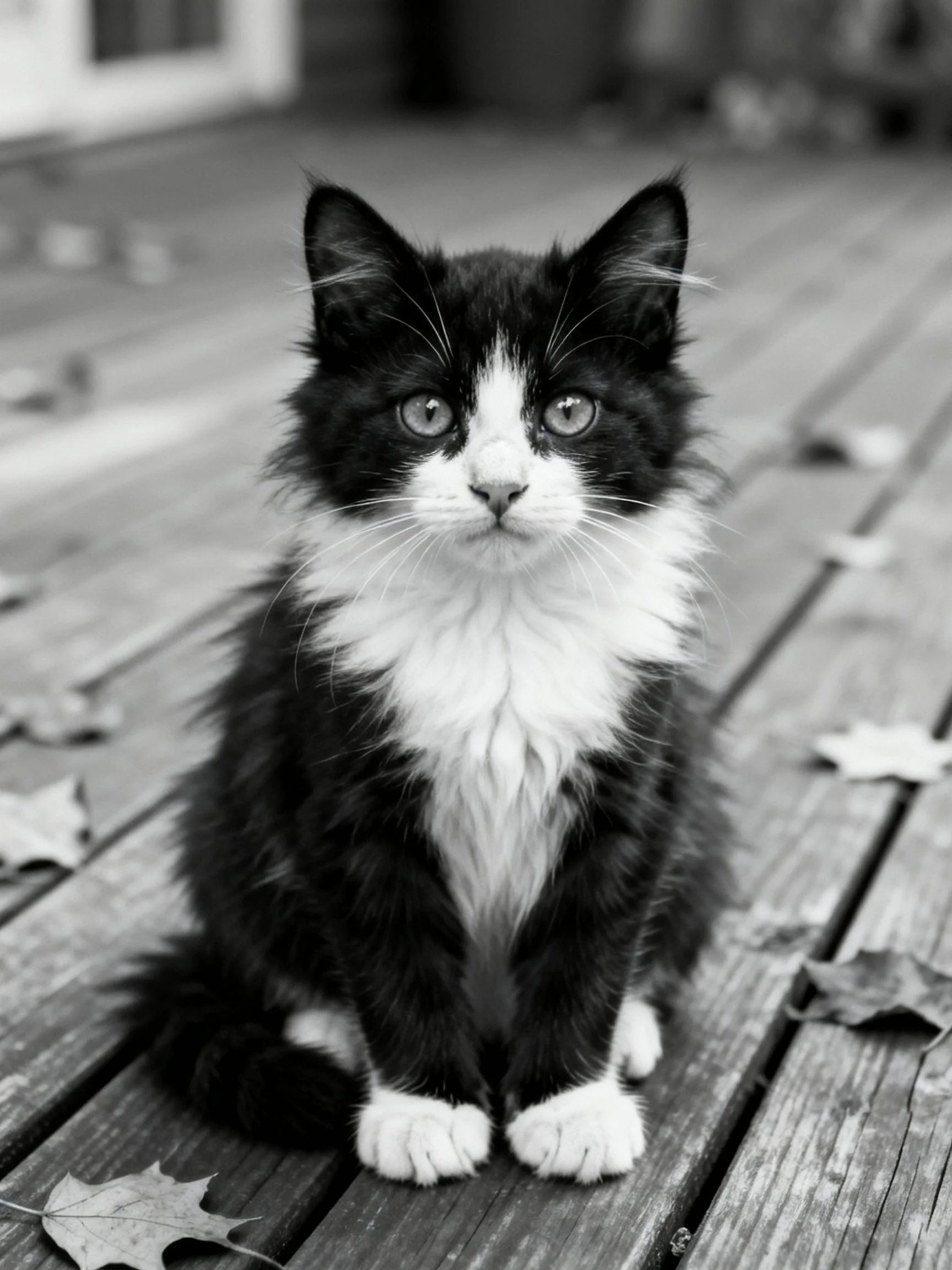A black and white fluffy kitten sits on weathered wooden planks