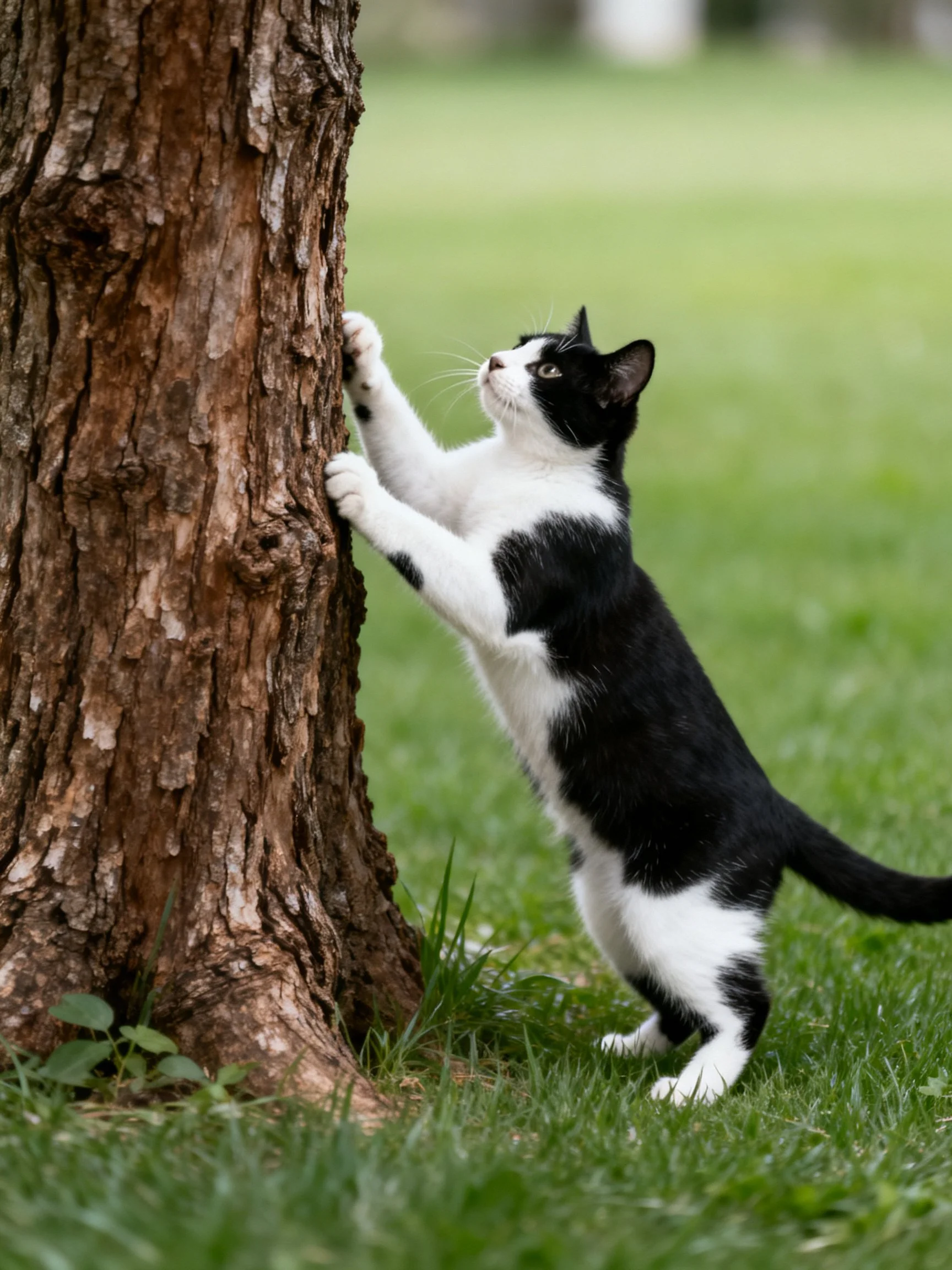 A black - and - white kitten climbing a brown tree trunk in a green field