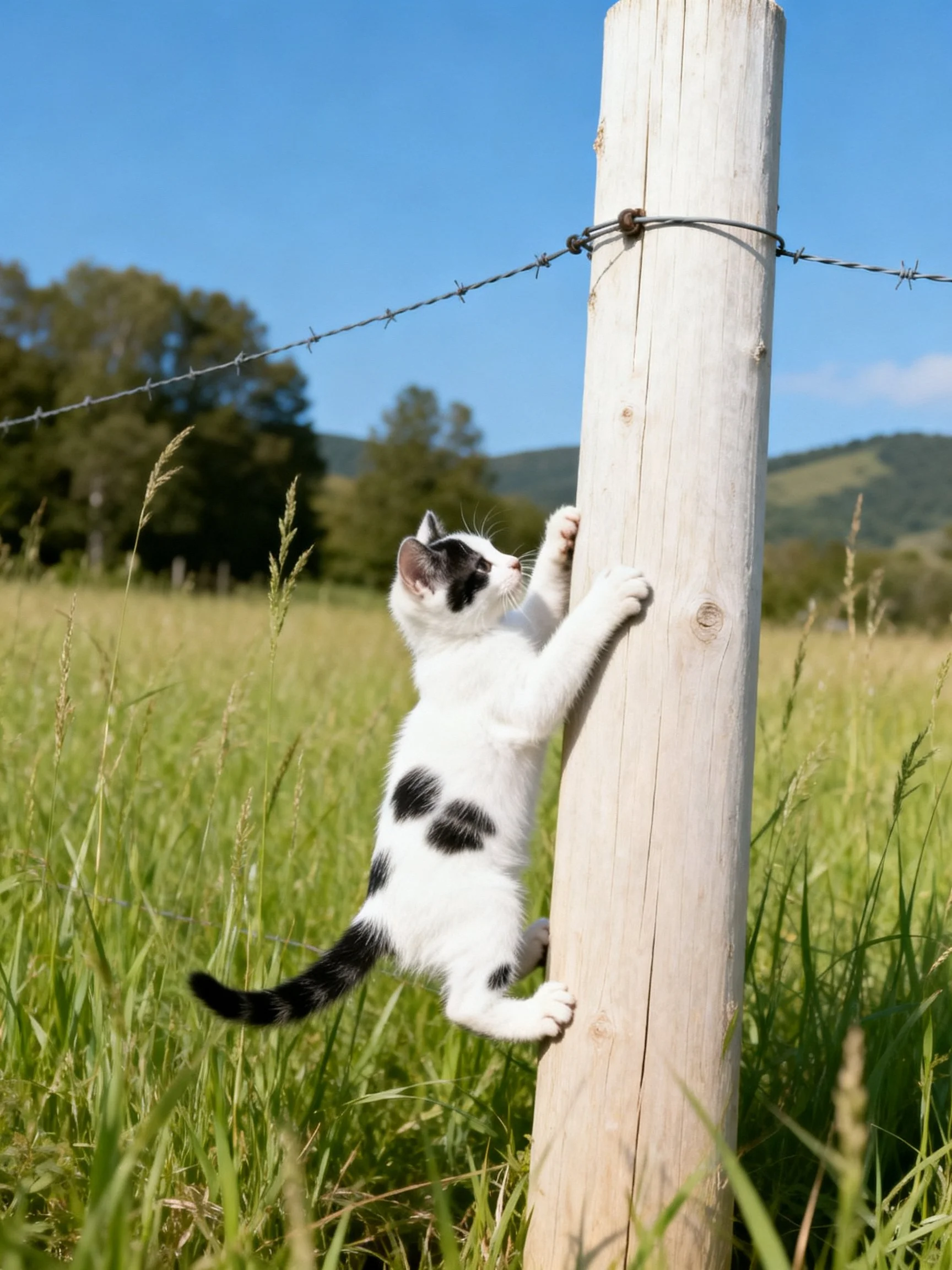 A black - and - white kitten climbs a weathered wooden fence post
