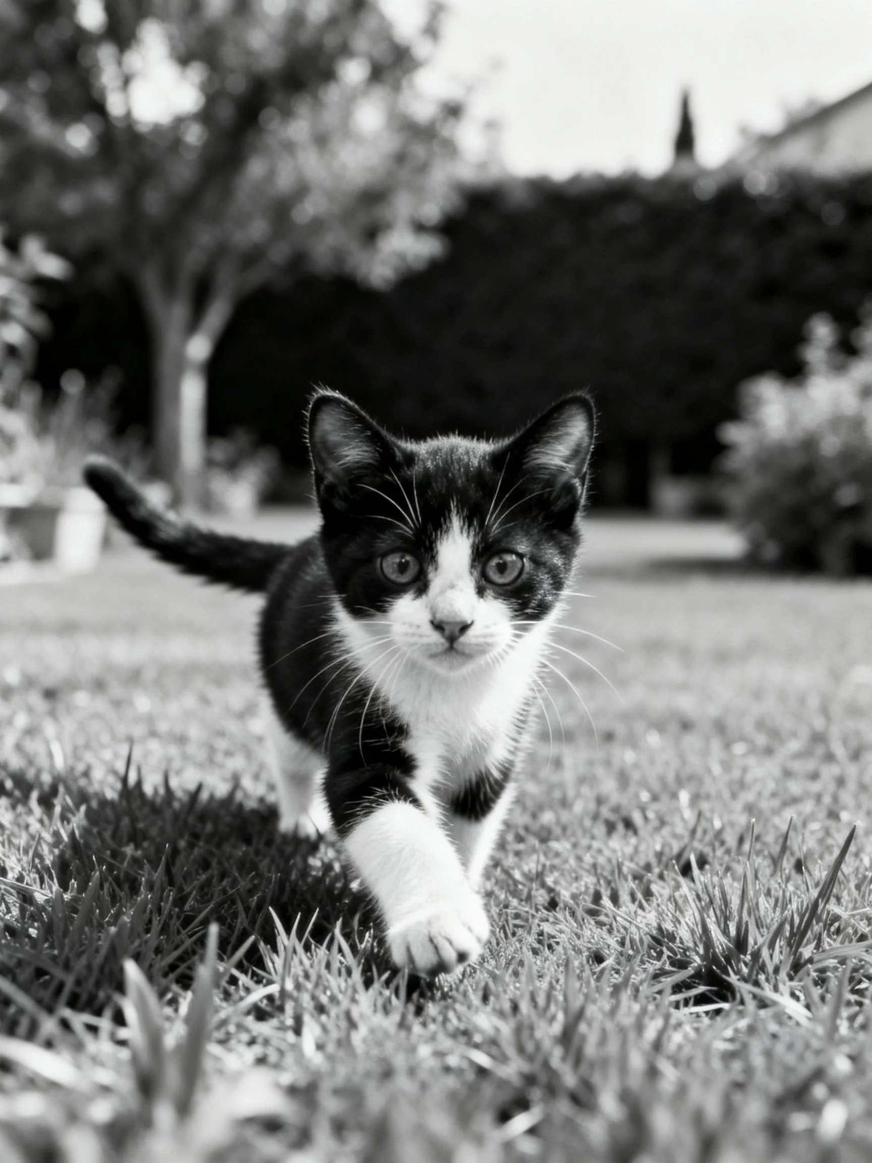 A black and white kitten explores a grassy outdoor area