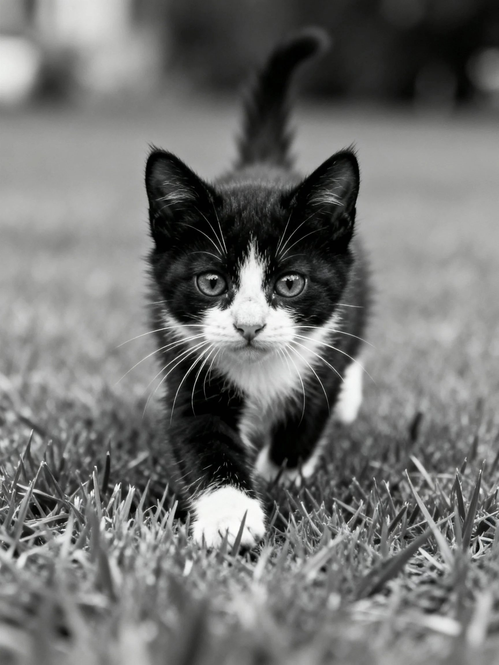 A black - and - white kitten explores grass in a close - up shot