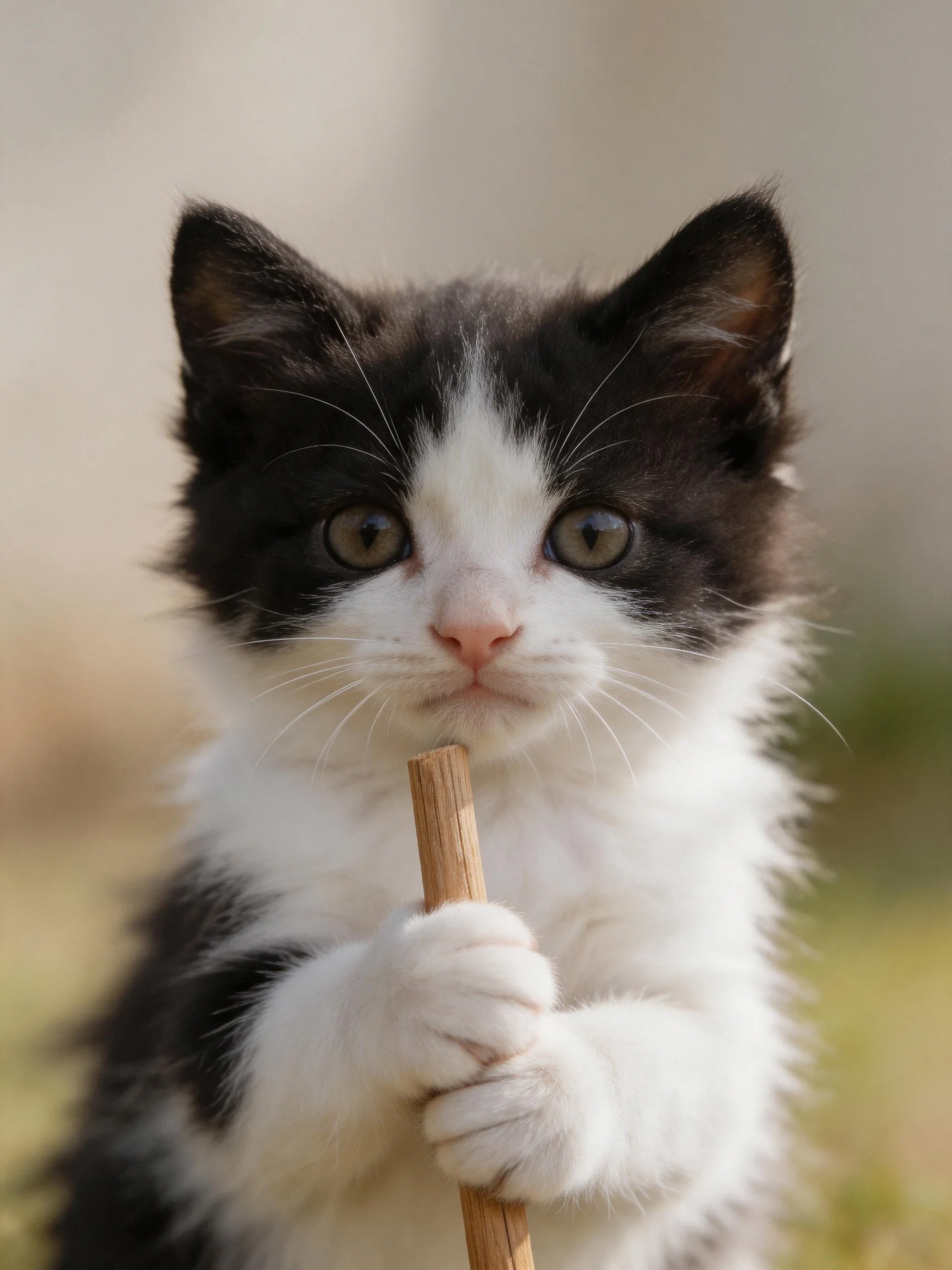 A black and white kitten gripping a thin wooden stick