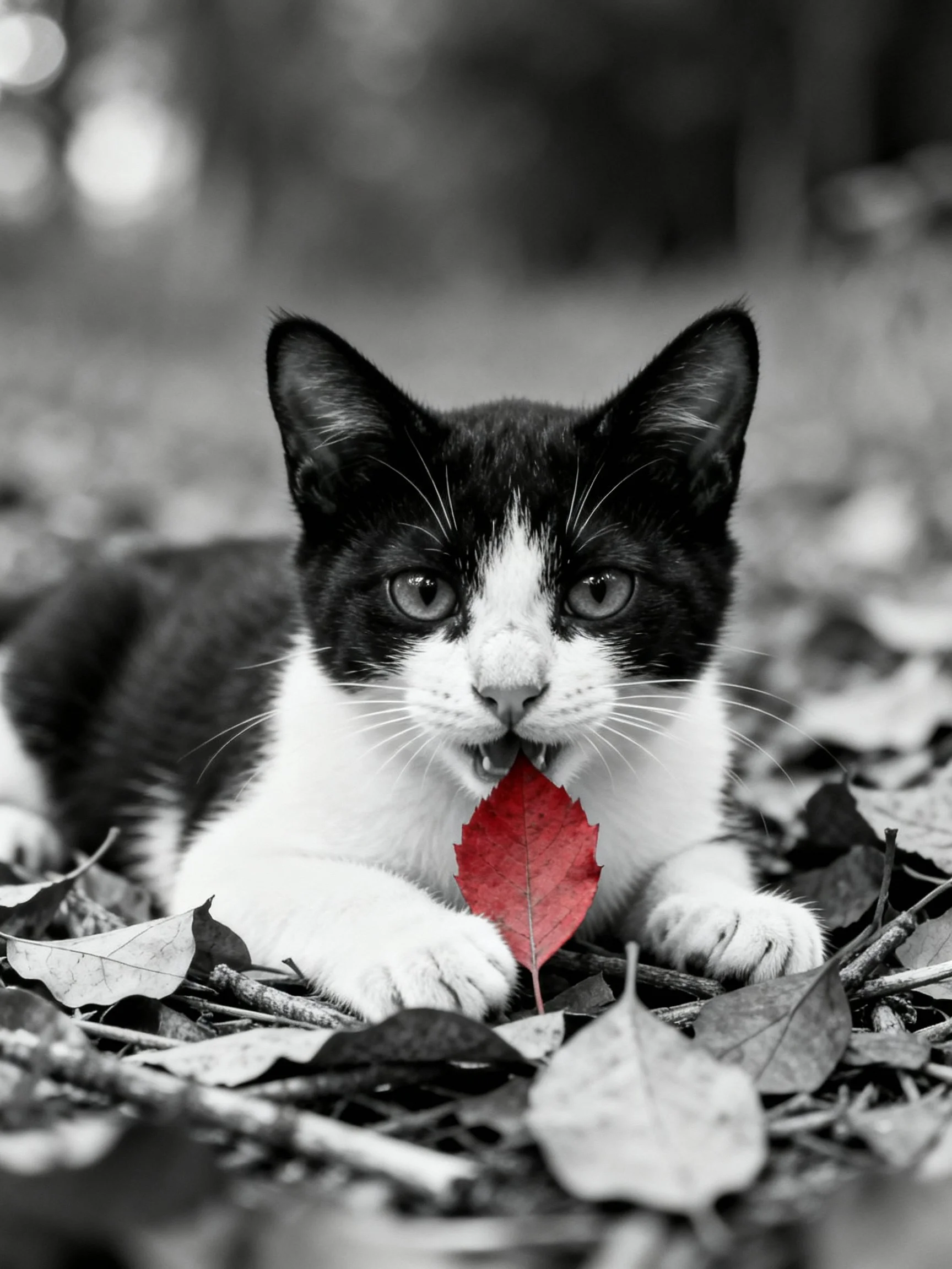 A black - and - white kitten holding a bright red leaf among fallen leaves
