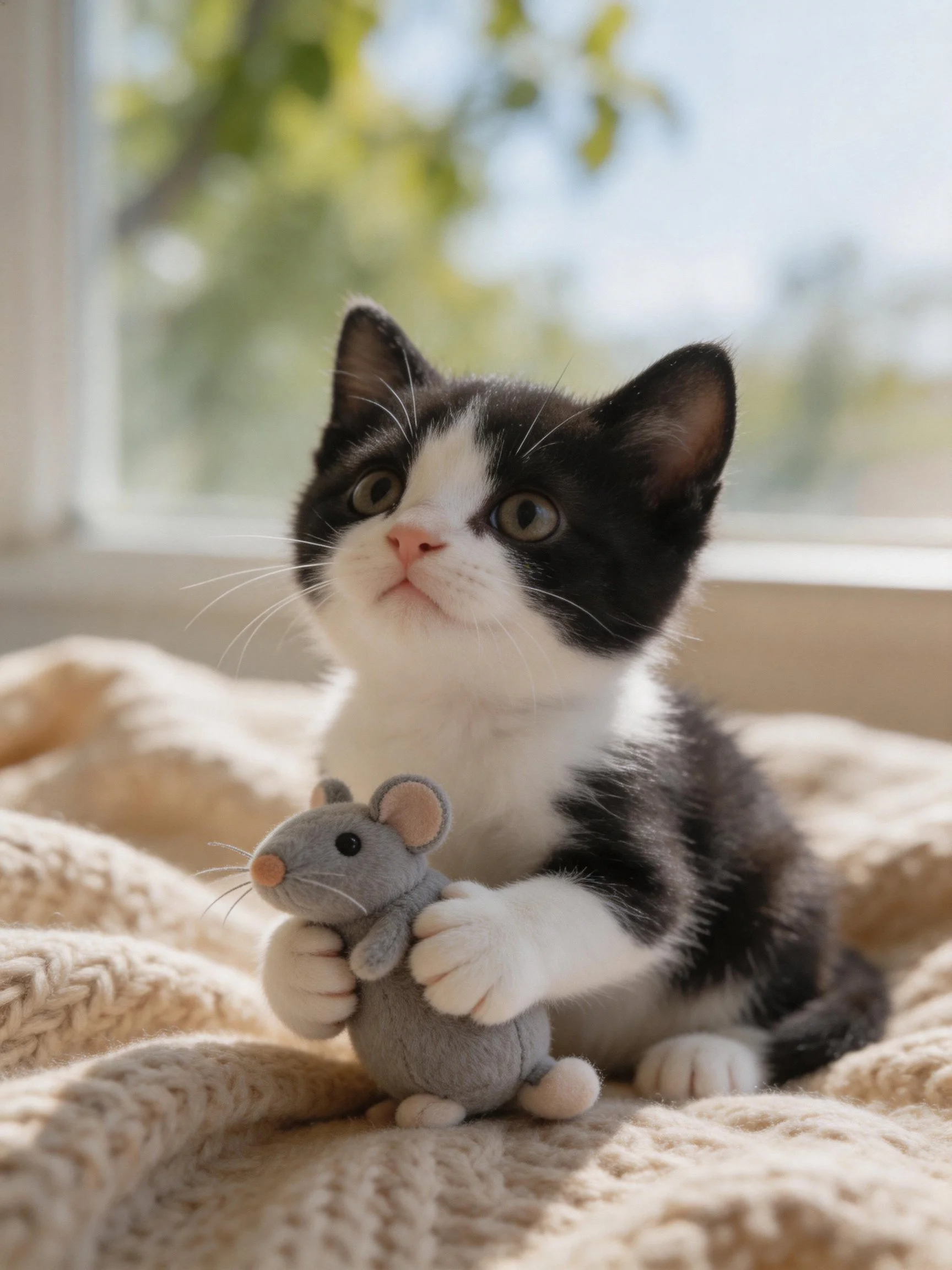A black - and - white kitten holds a gray stuffed mouse on a beige blanket by a sunlit window