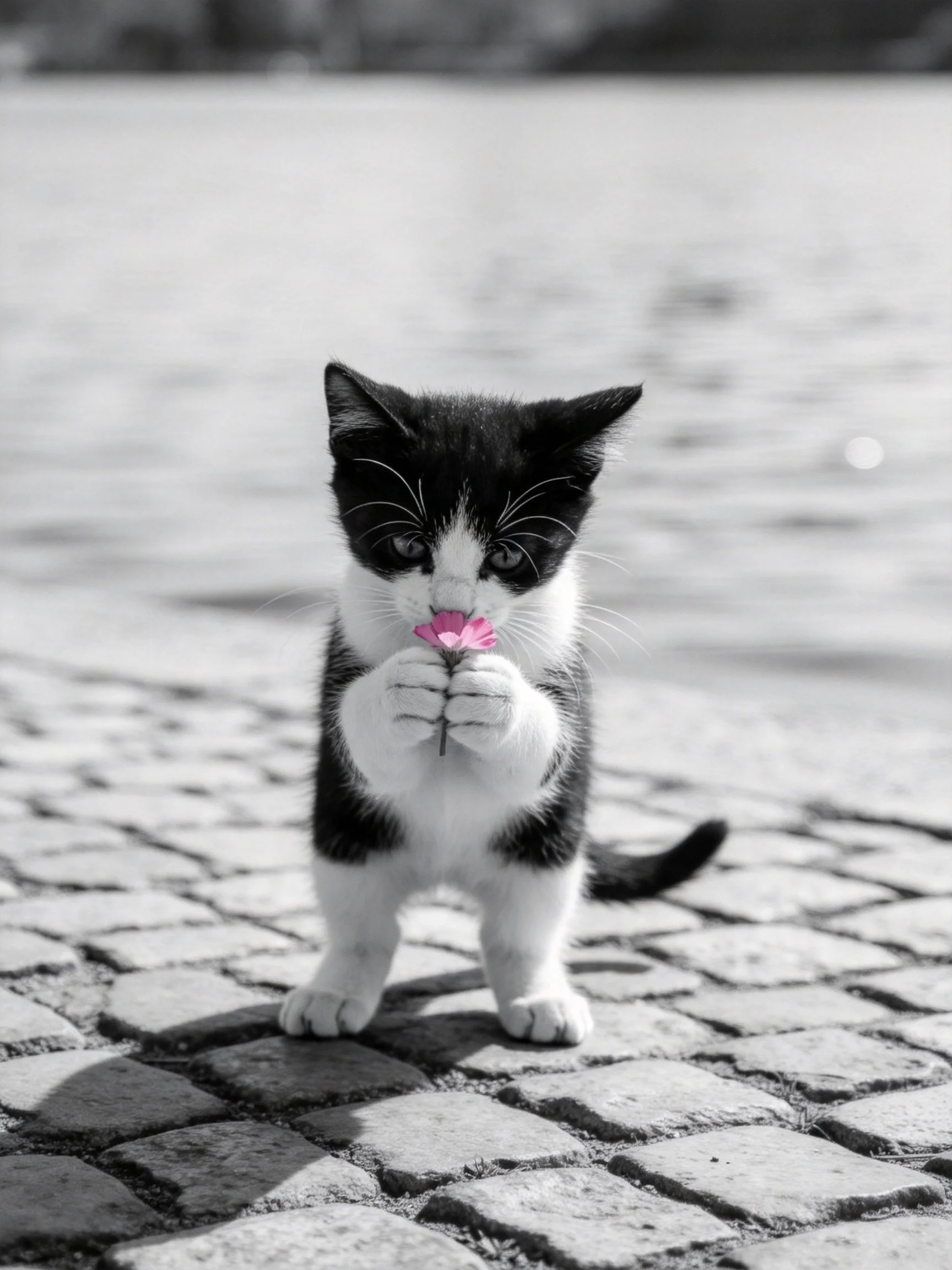 A black - and - white kitten holds a pink flower on cobblestones near water.