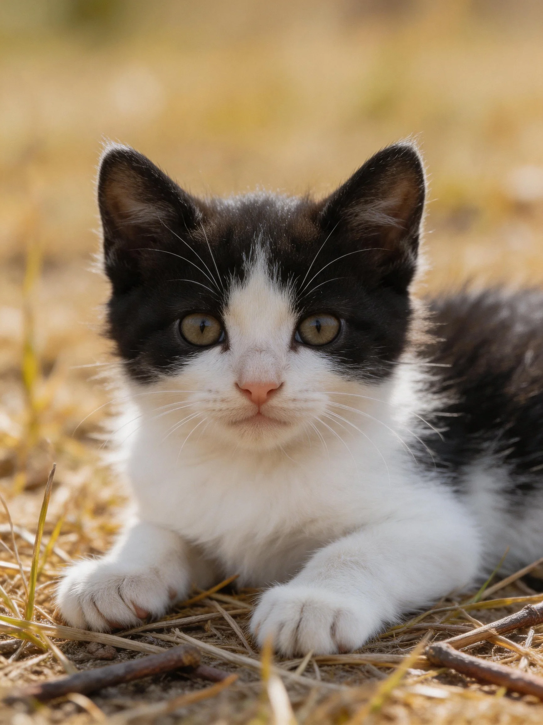 A black and white kitten lies on dry straw and twigs