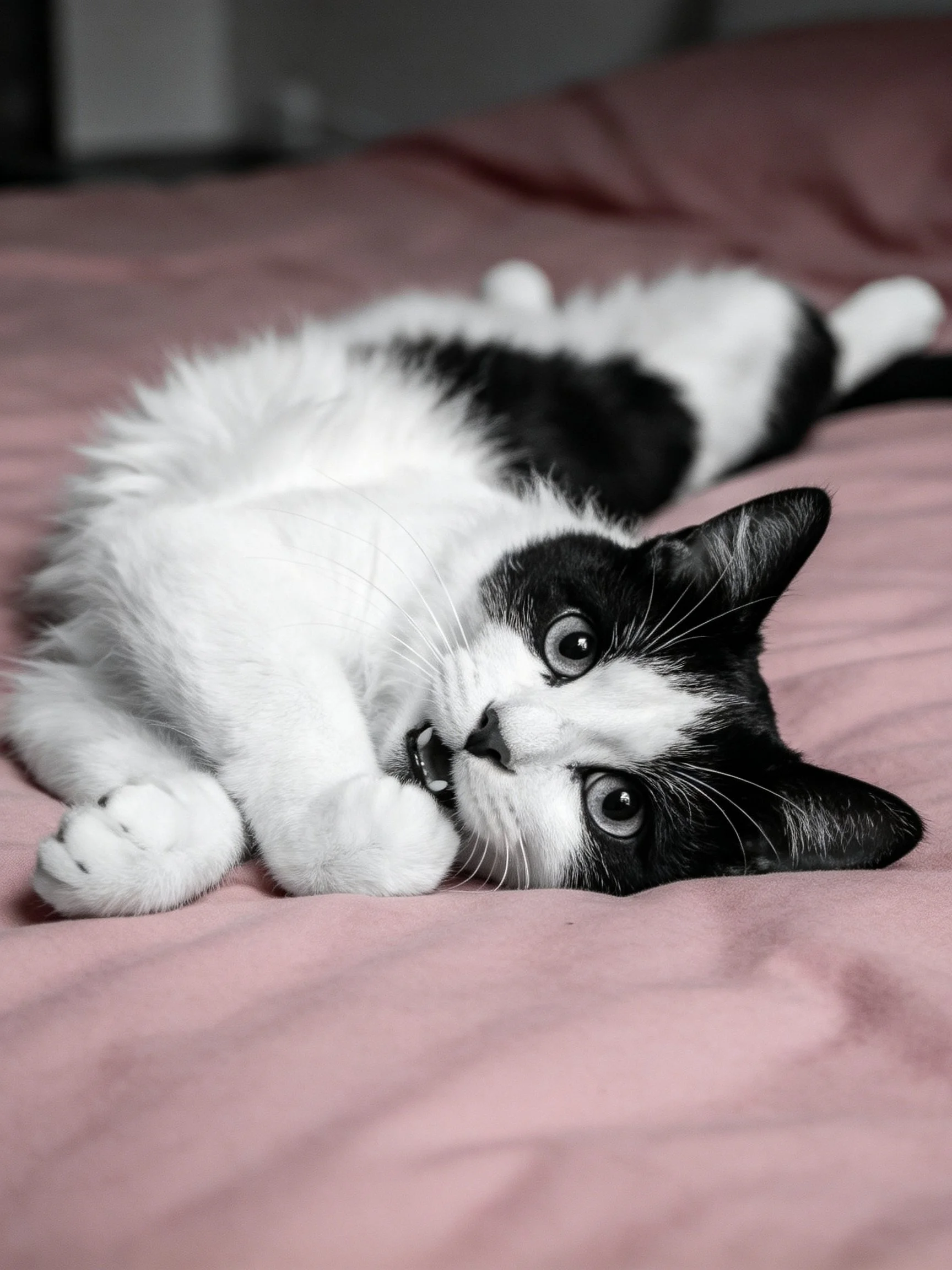 A black - and - white kitten lounges on a soft pink bedspread