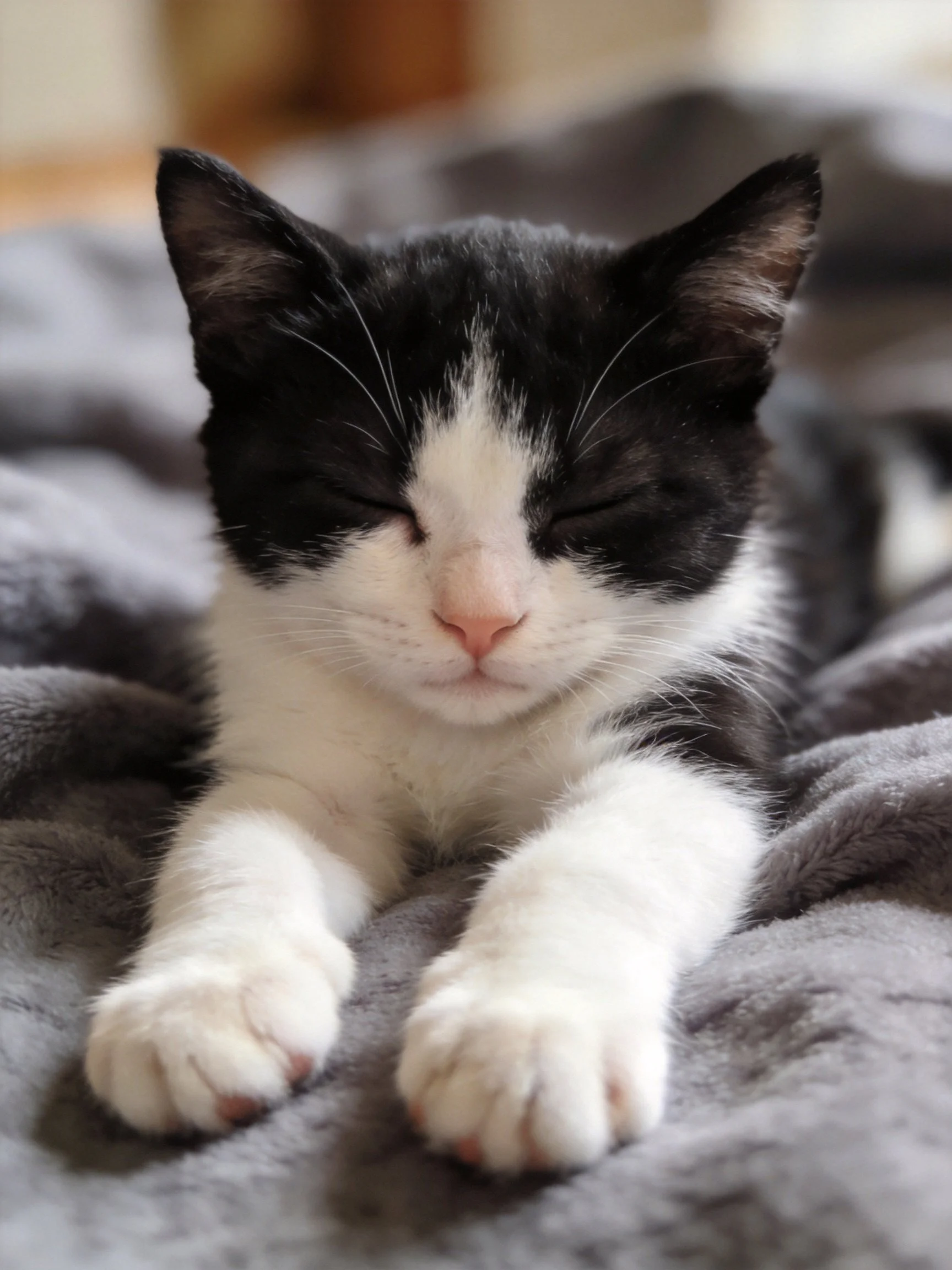 A black and white kitten napping on a soft gray blanket