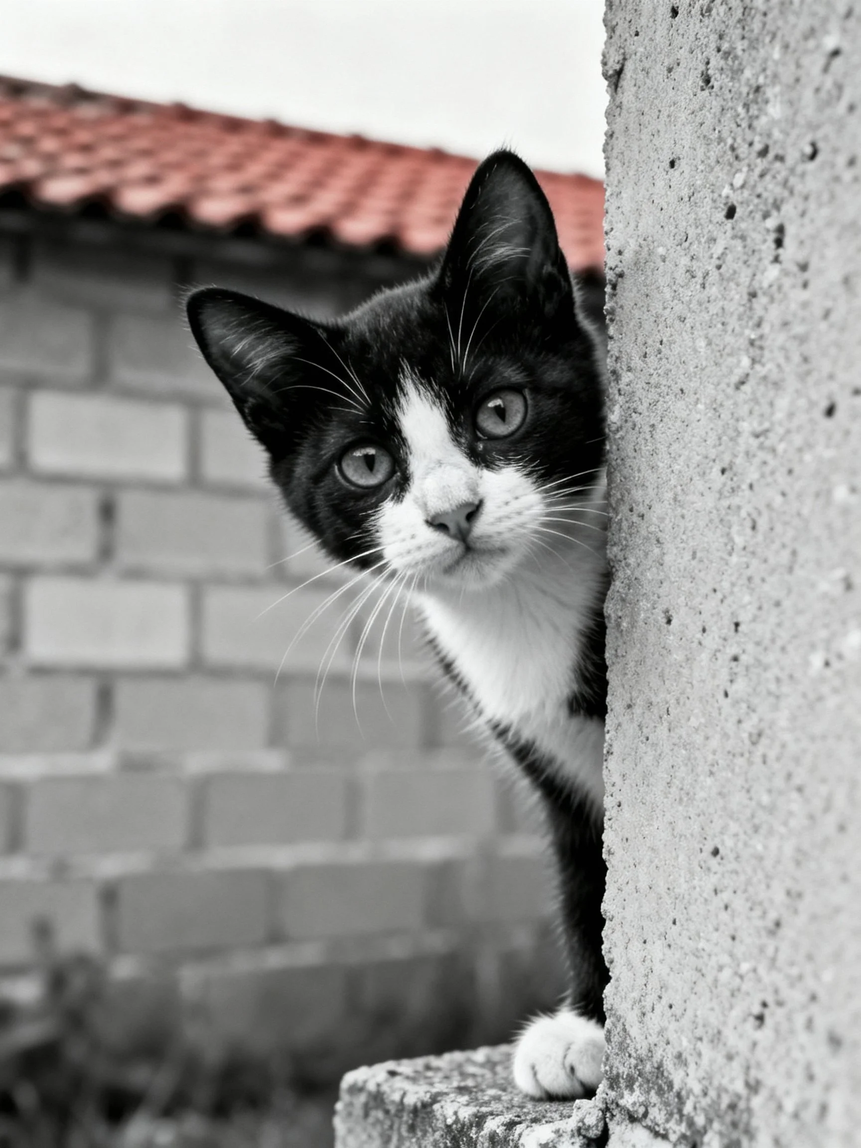 A black-and-white kitten peeks from behind a concrete post near a brick wall