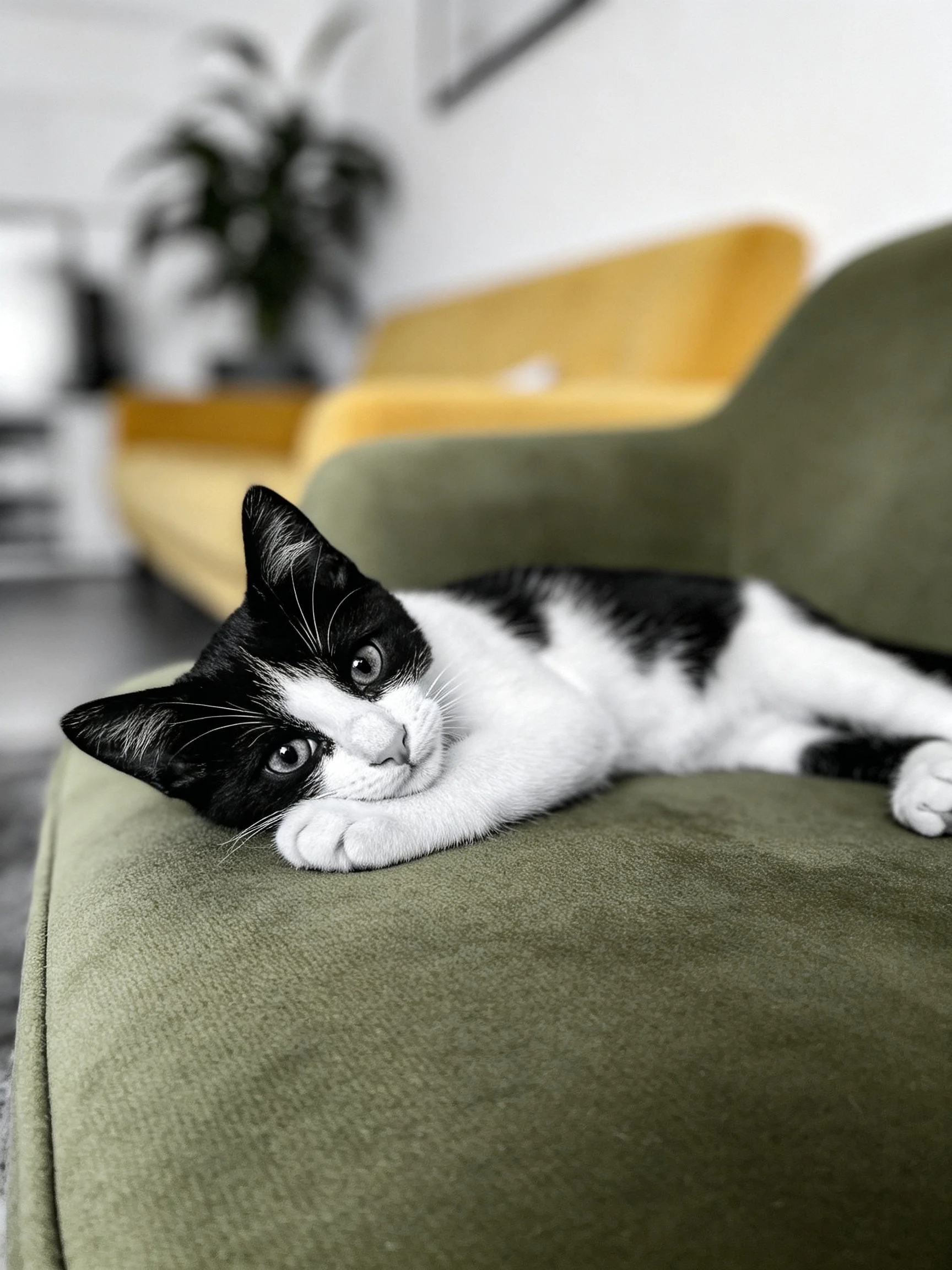 A black - and - white kitten relaxes on an olive green sofa beside yellow seating