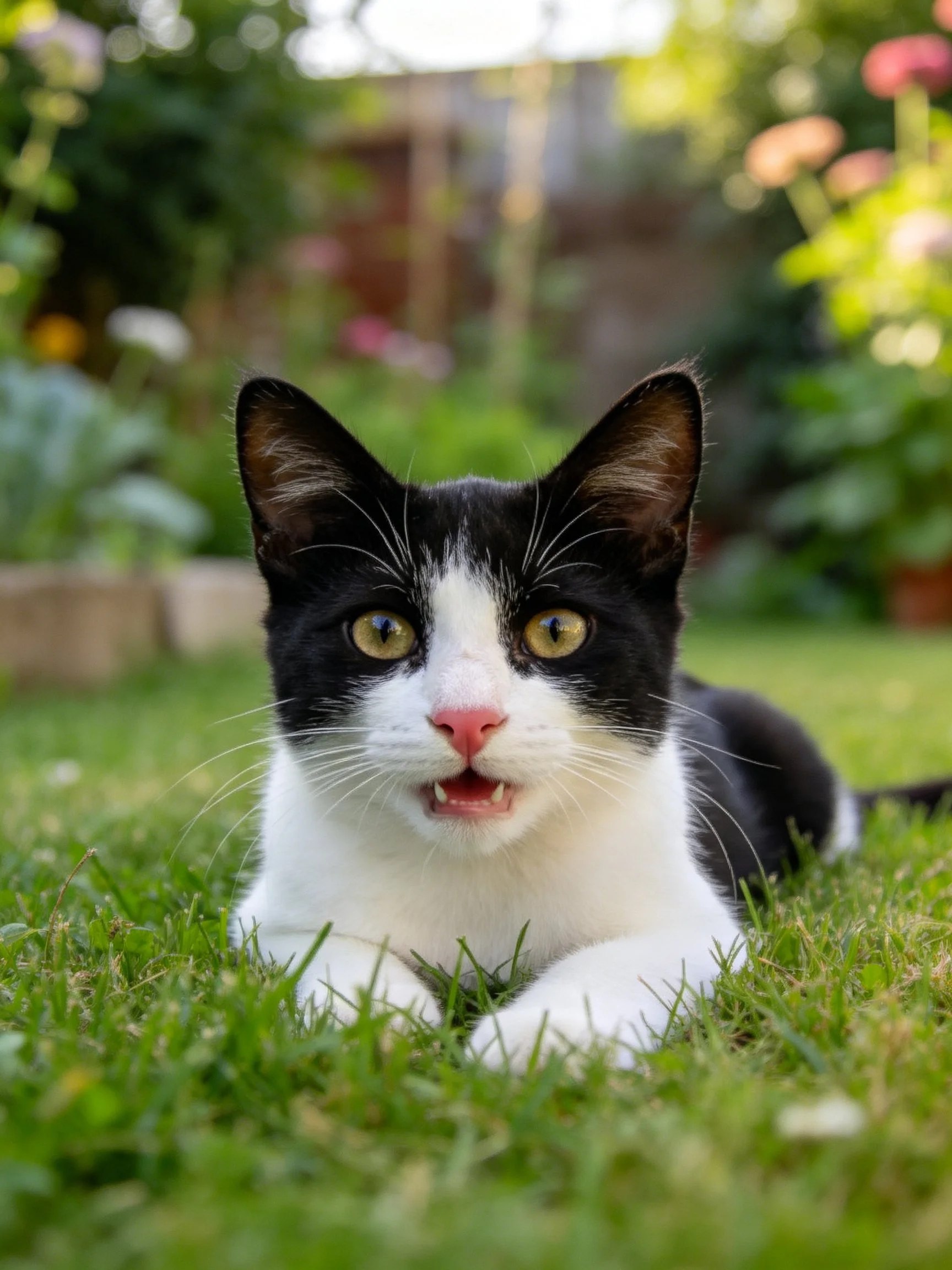A black - and - white kitten relaxes on sunlit green grass in a garden