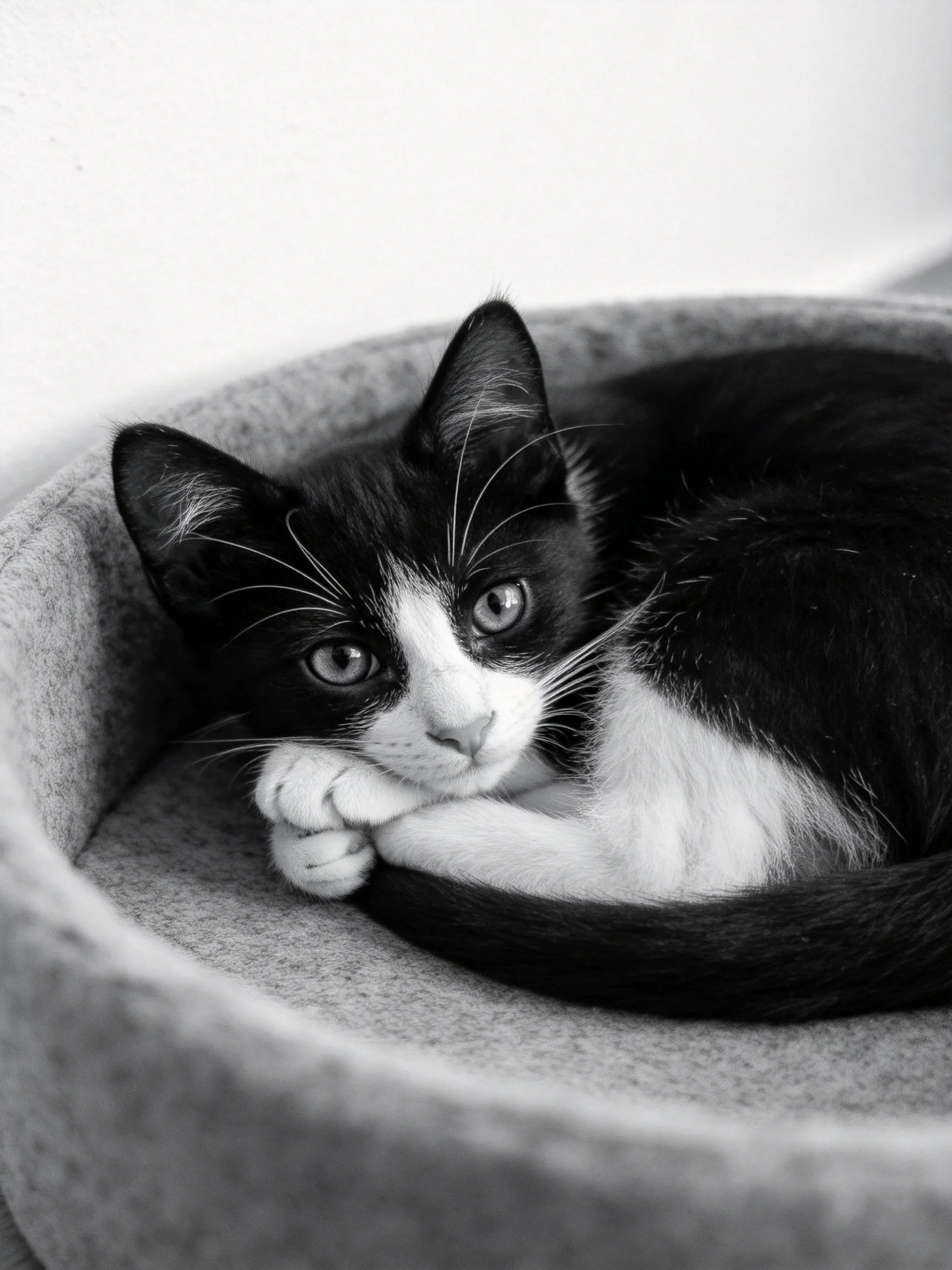 A black - and - white kitten resting in a soft pet bed
