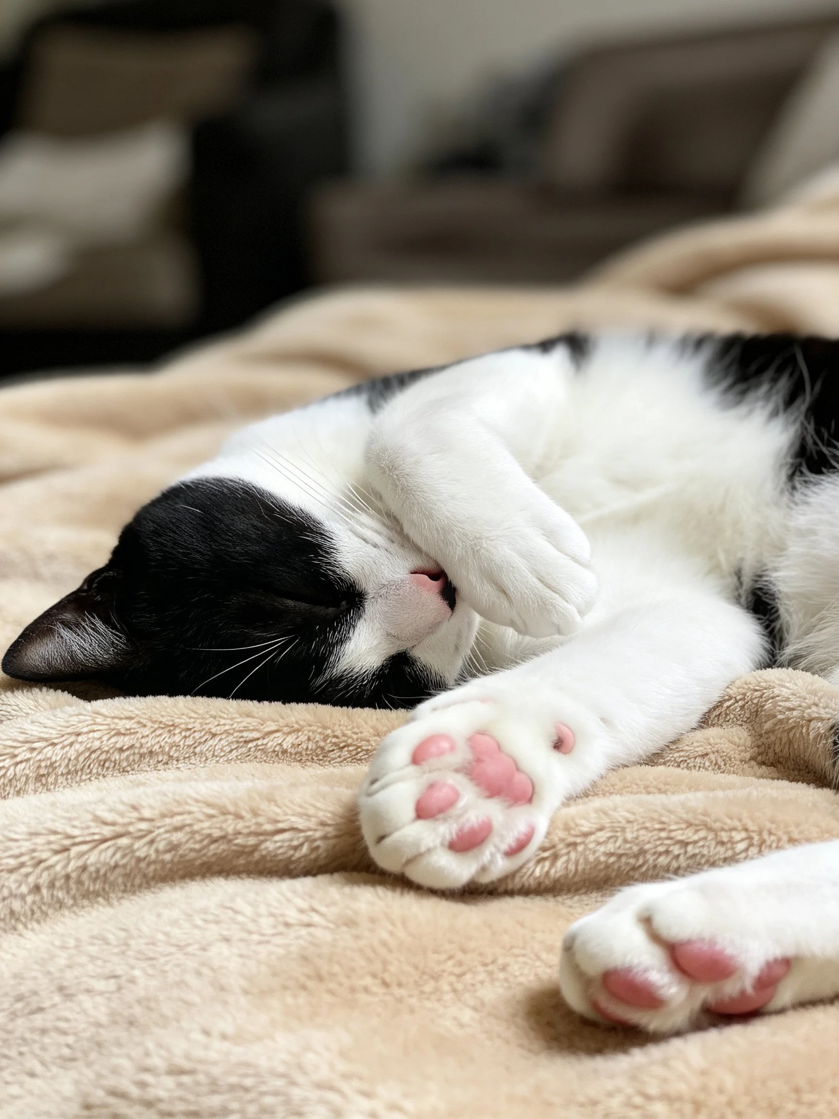A black and white kitten resting on a soft beige blanket