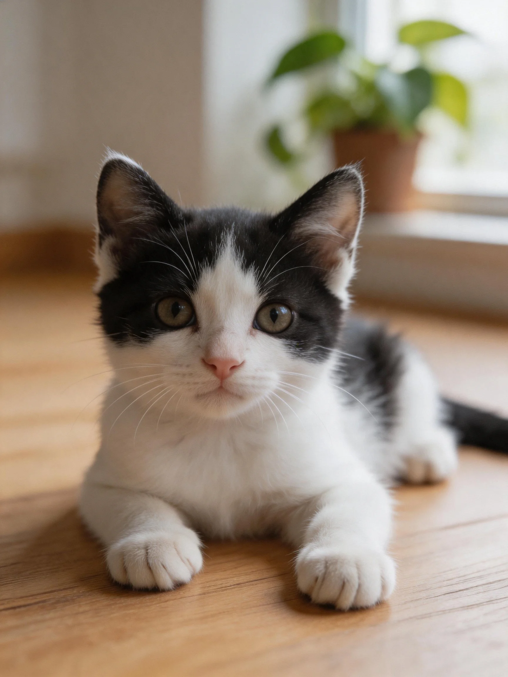 A black and white kitten rests on a wooden floor by a potted plant