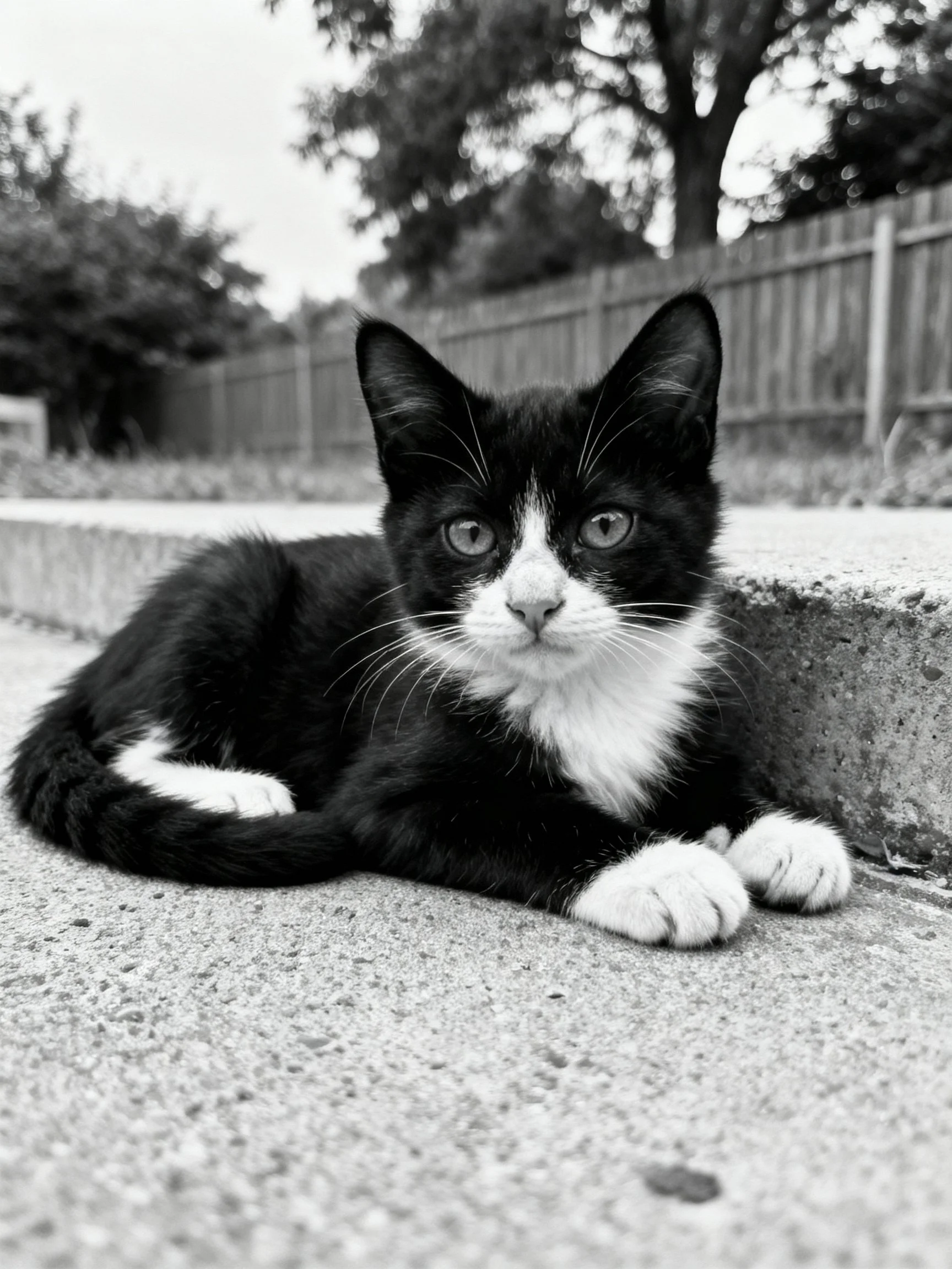 A black and white kitten rests on concrete near a wooden fence