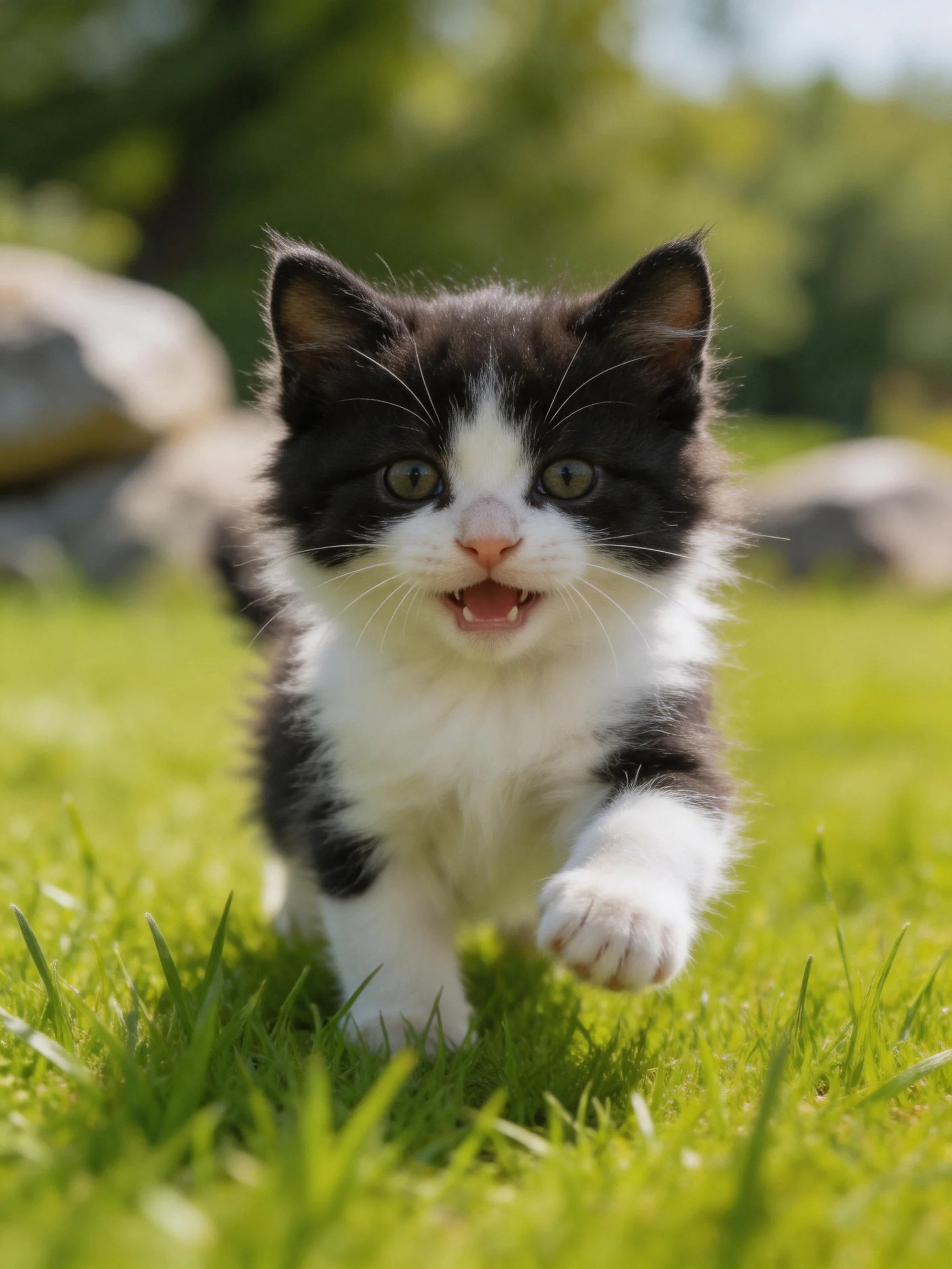 A black and white kitten runs energetically on bright green grass