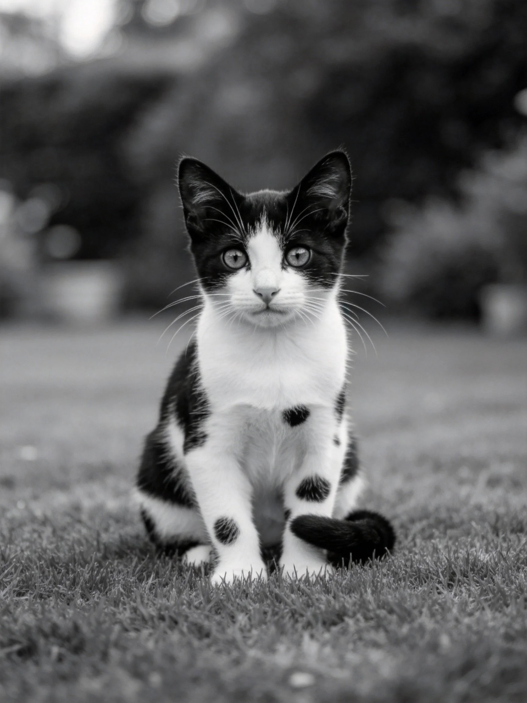 A black - and - white kitten sits attentively on grass