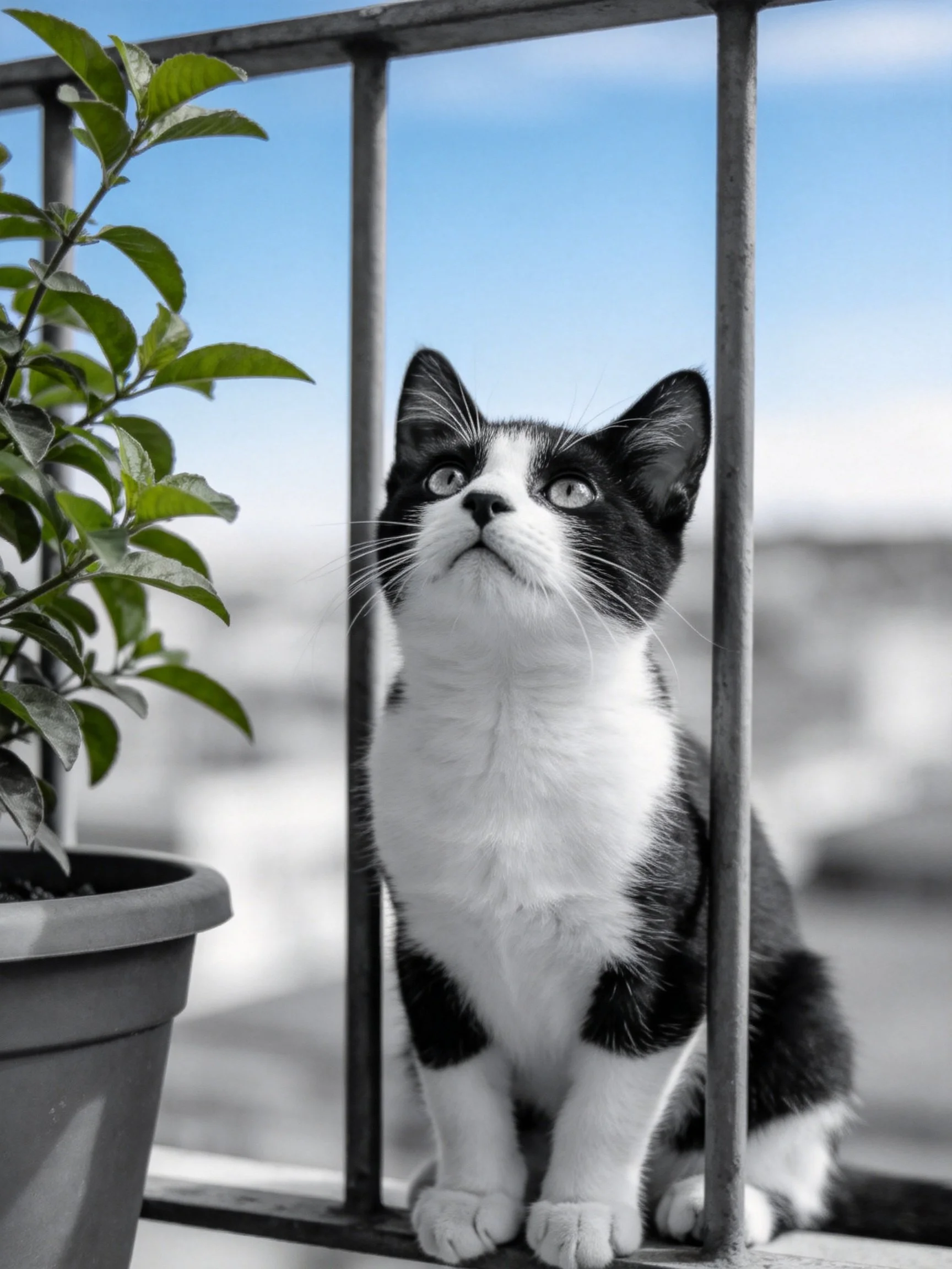 A black - and - white kitten sits behind metal bars beside a potted plant