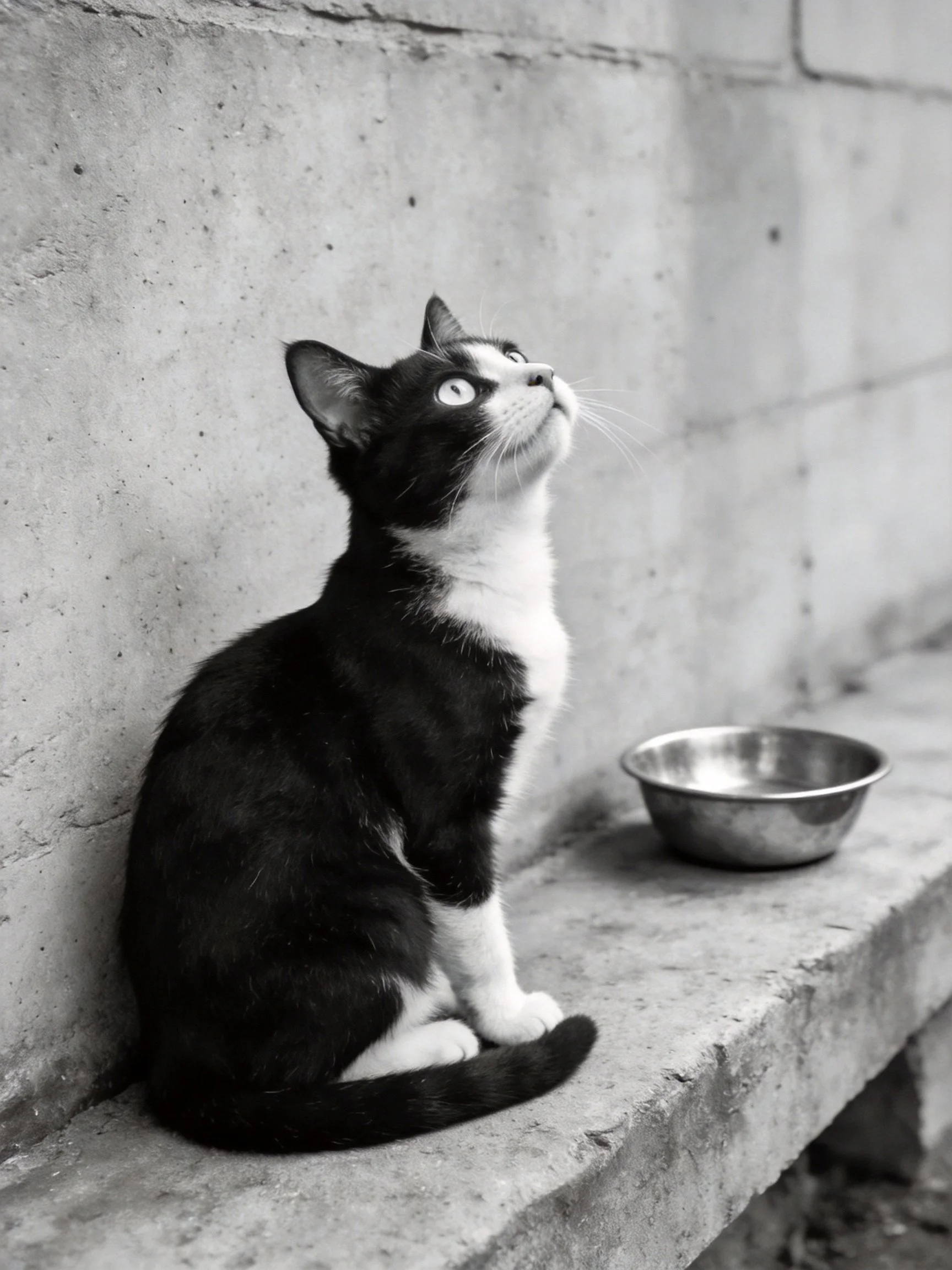 A black and white kitten sits by a concrete wall near a metal bowl